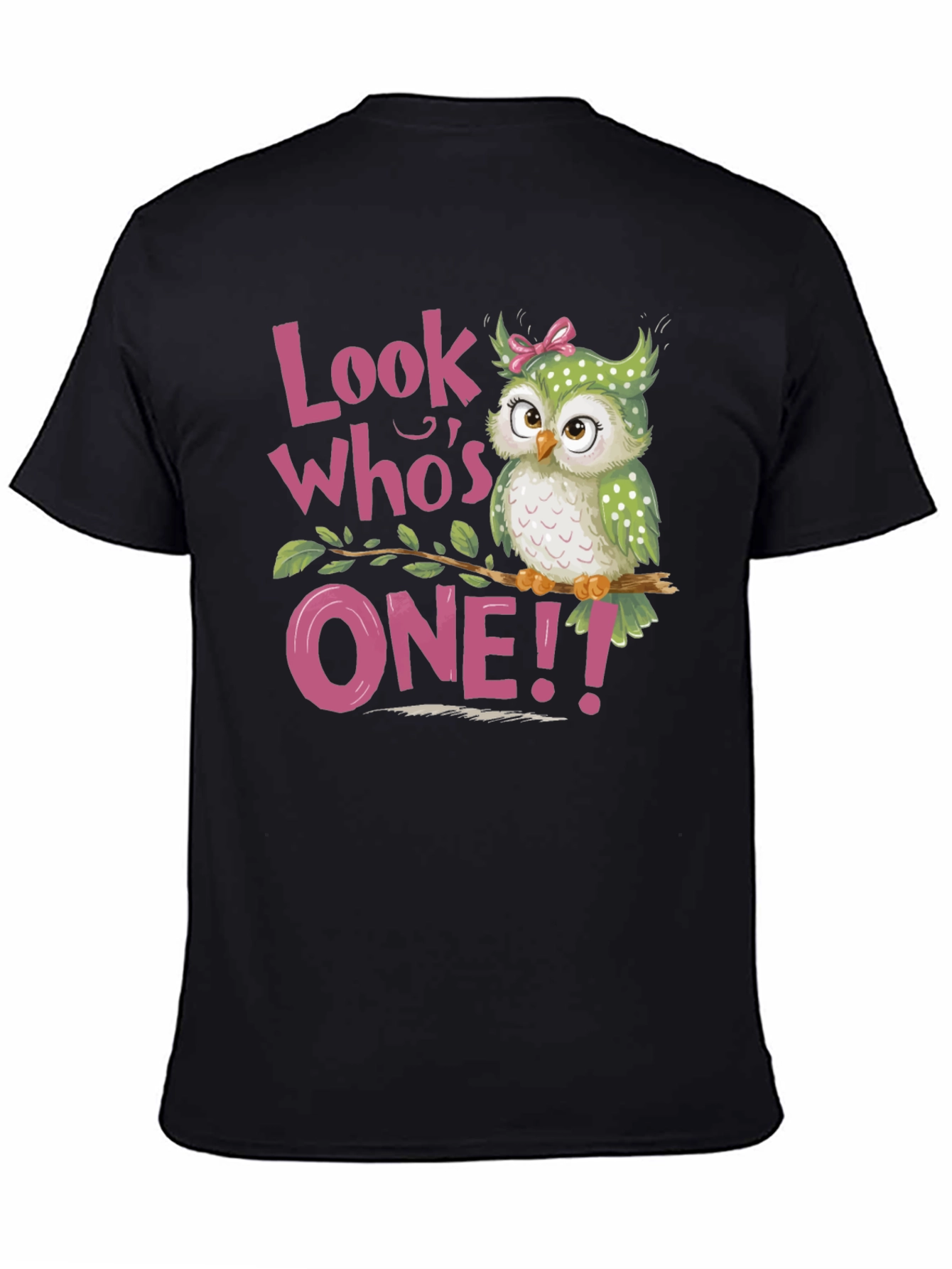 Black Look Who's One! Baby's 1st Birthday Owl T-Shirt view 4