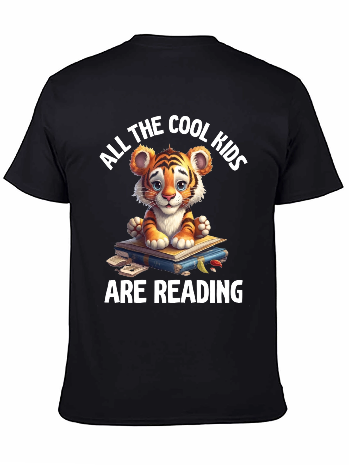 Black Cute Tiger Cub Reading T-Shirt view 4
