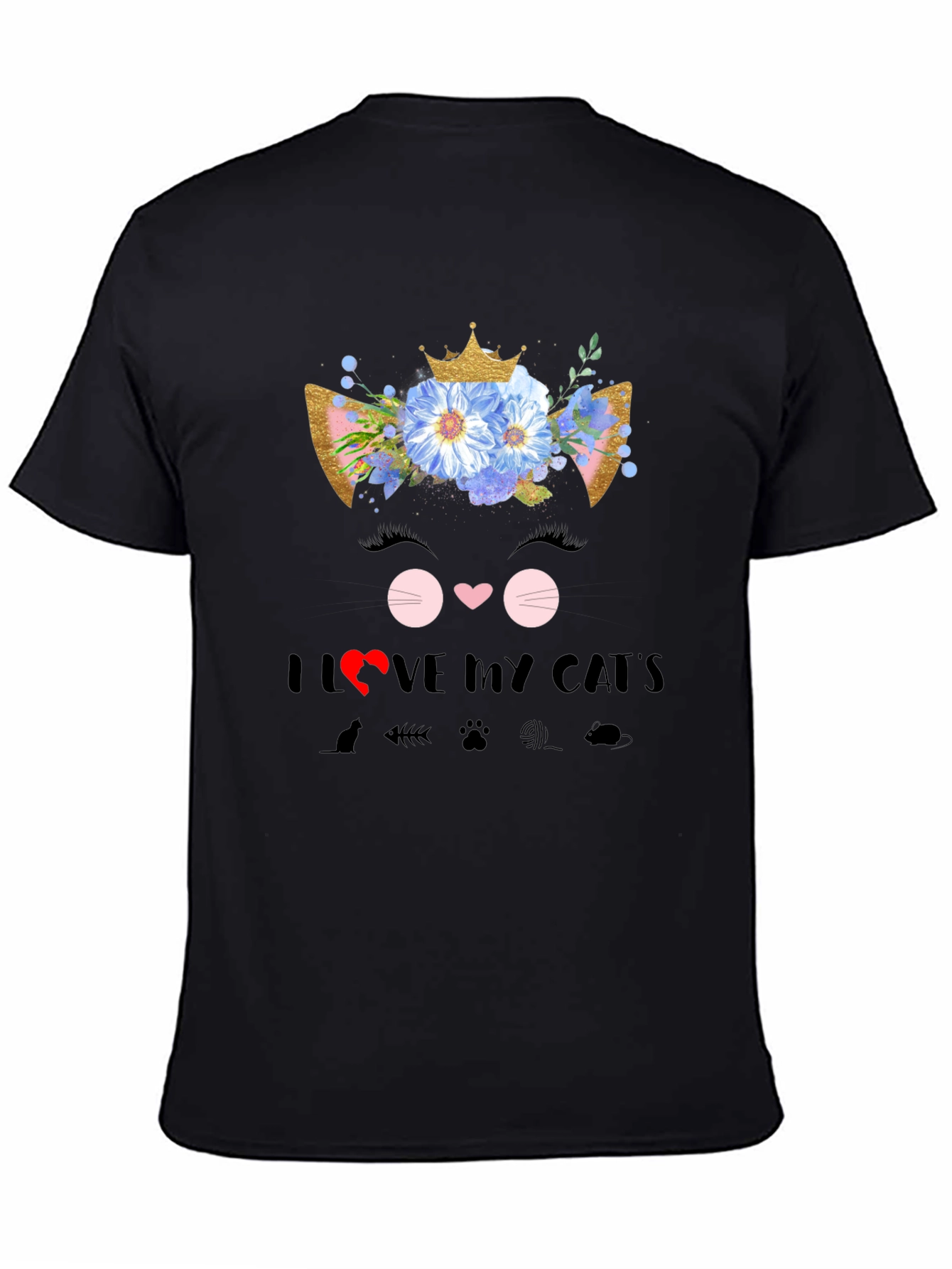 Black I Love My Cat T-Shirt - Floral Cat Design view 4