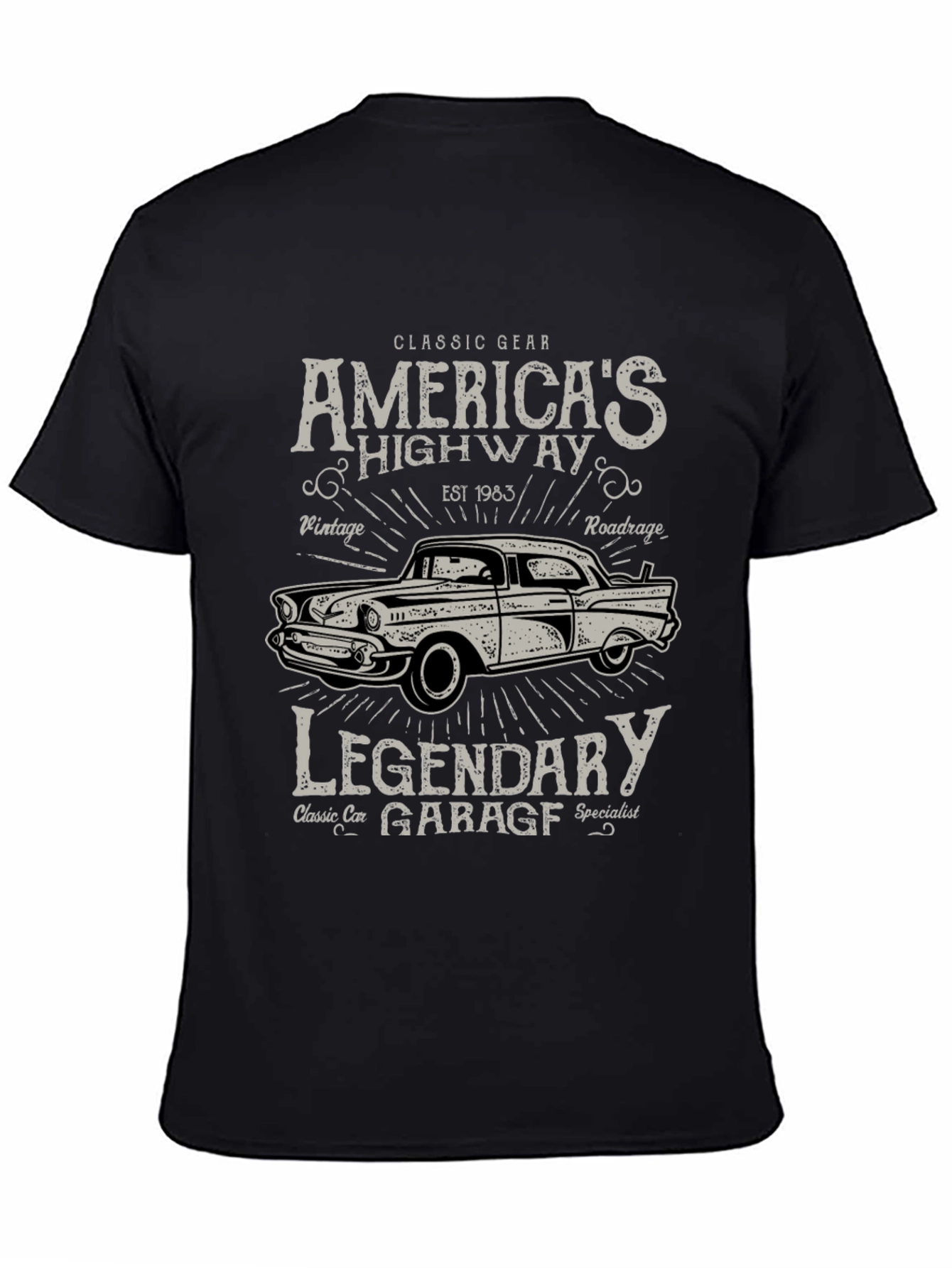 Black Classic Car Garage Tee - America's Highway T-Shirt view 4