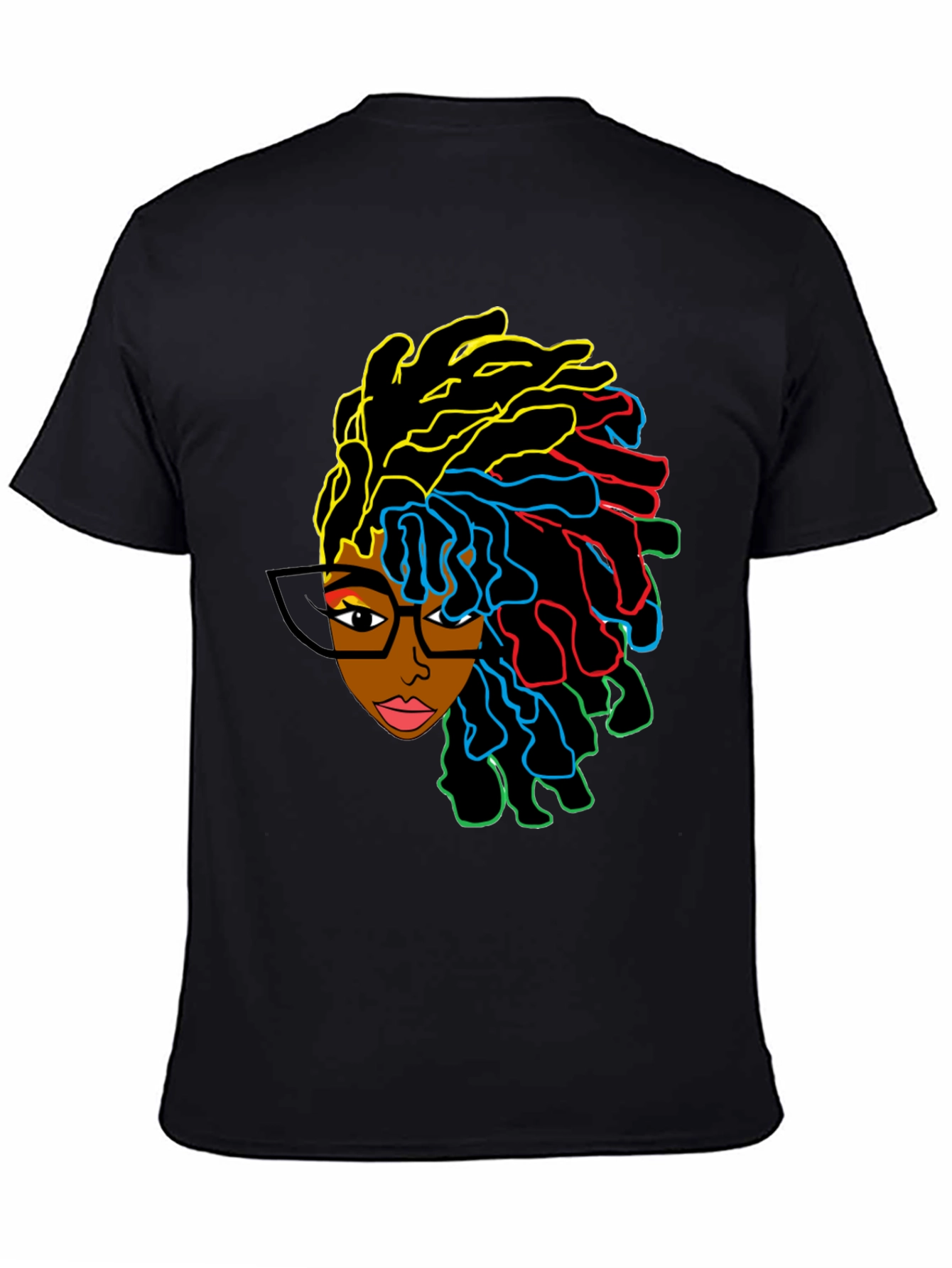Black Stylish Graphic Tee - Afro Woman with Colorful Dreadlocks view 4