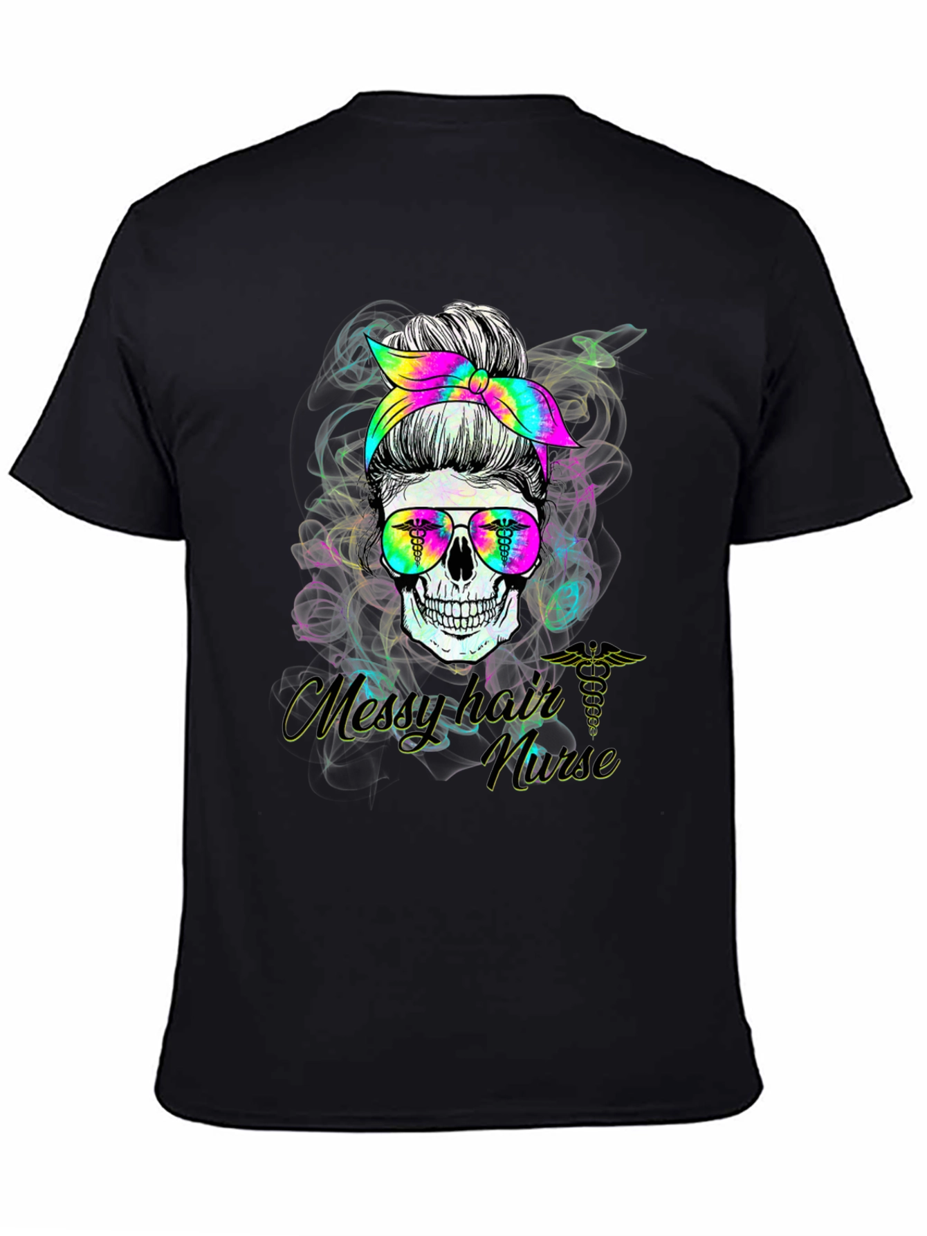 Black Messy Hair Nurse Skull T-Shirt view 4