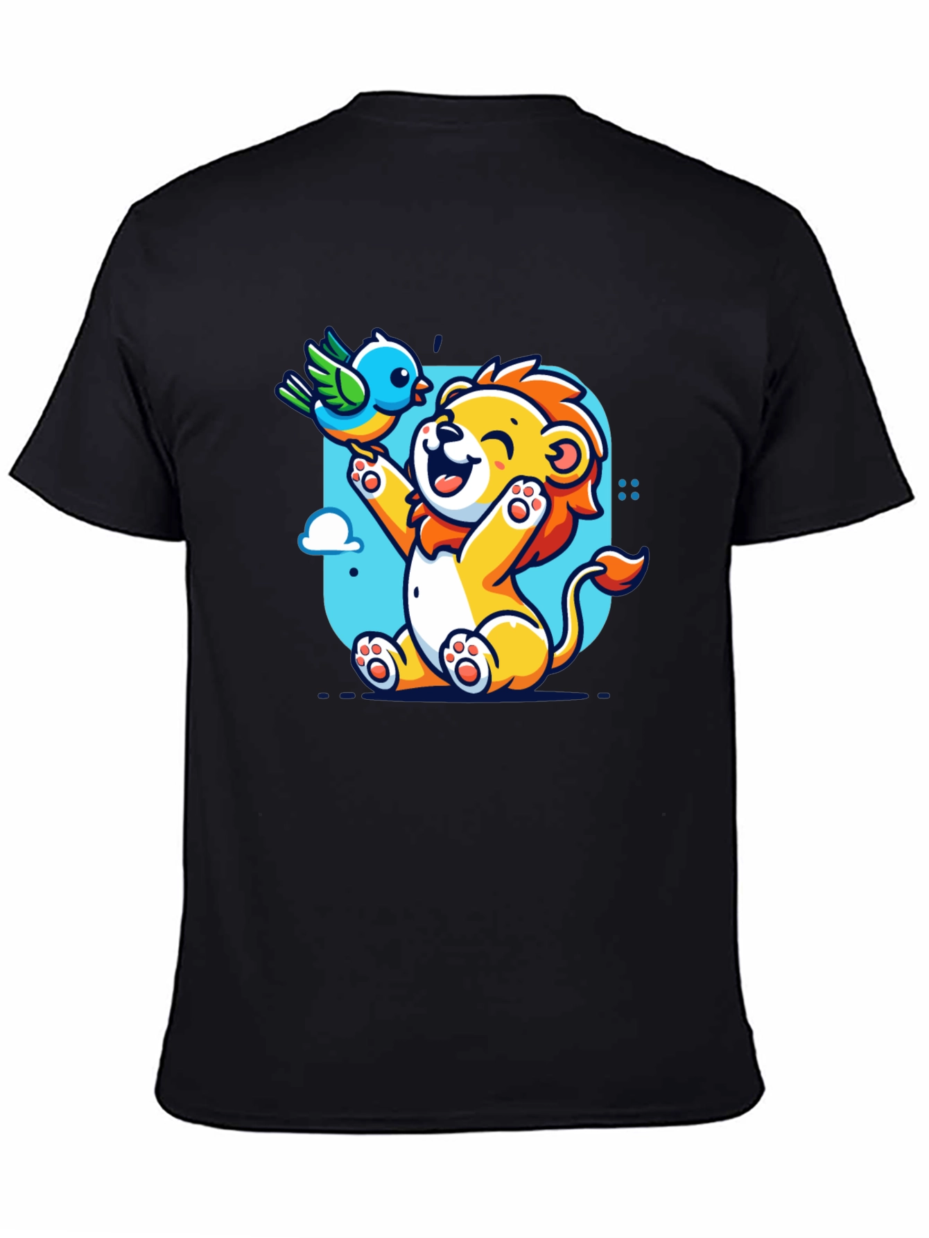 Black Cartoon Lion & Bird Graphic T-Shirt view 4