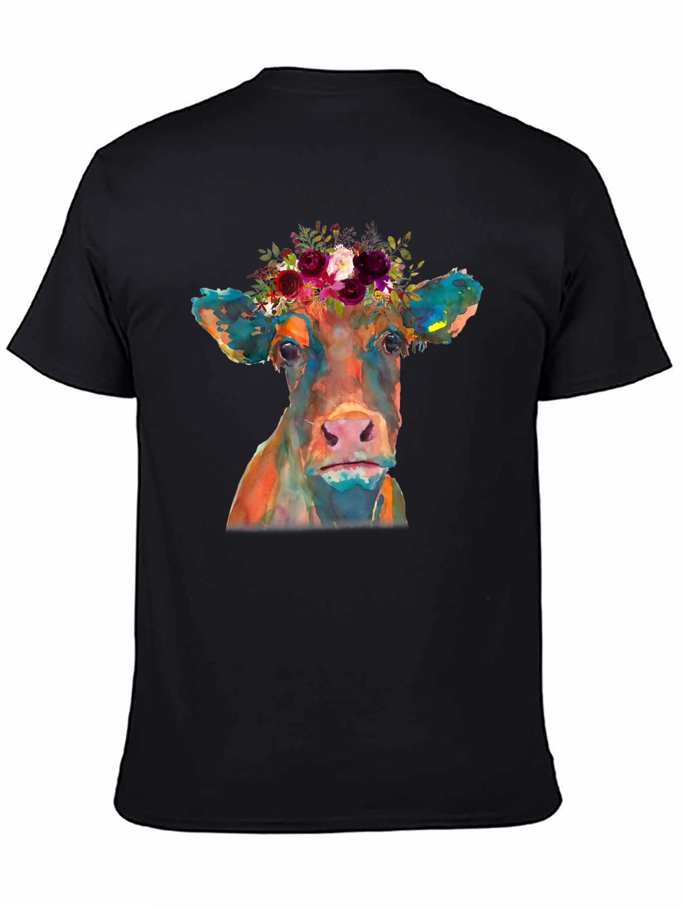 Black Floral Crown Cow Graphic Tee - Black Casual T-Shirt view 4