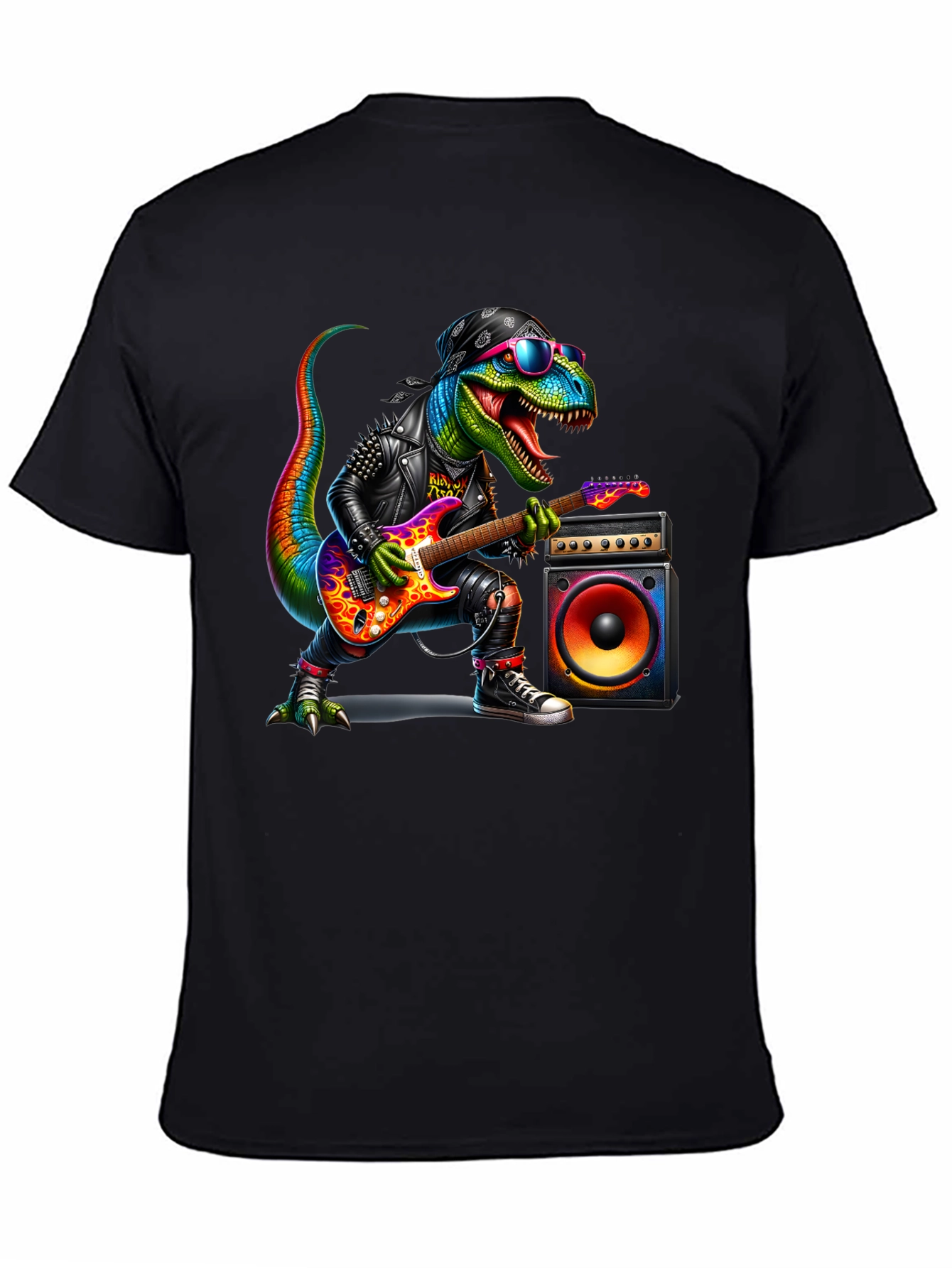Black Rockin' Rex T-Shirt - Dinosaur Guitarist view 4