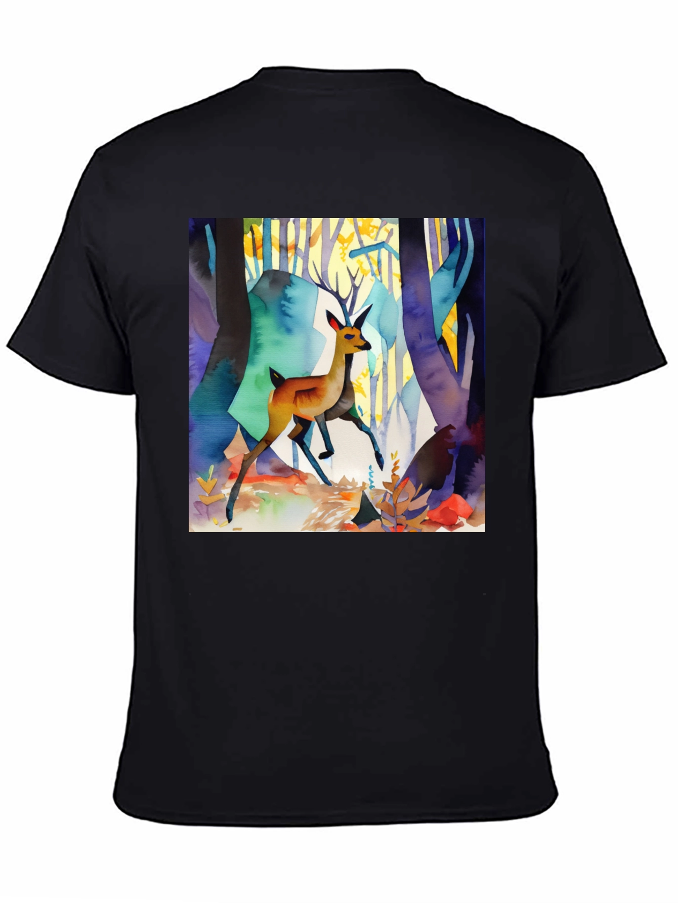 Black Watercolor Deer Forest Print Black T-Shirt view 4