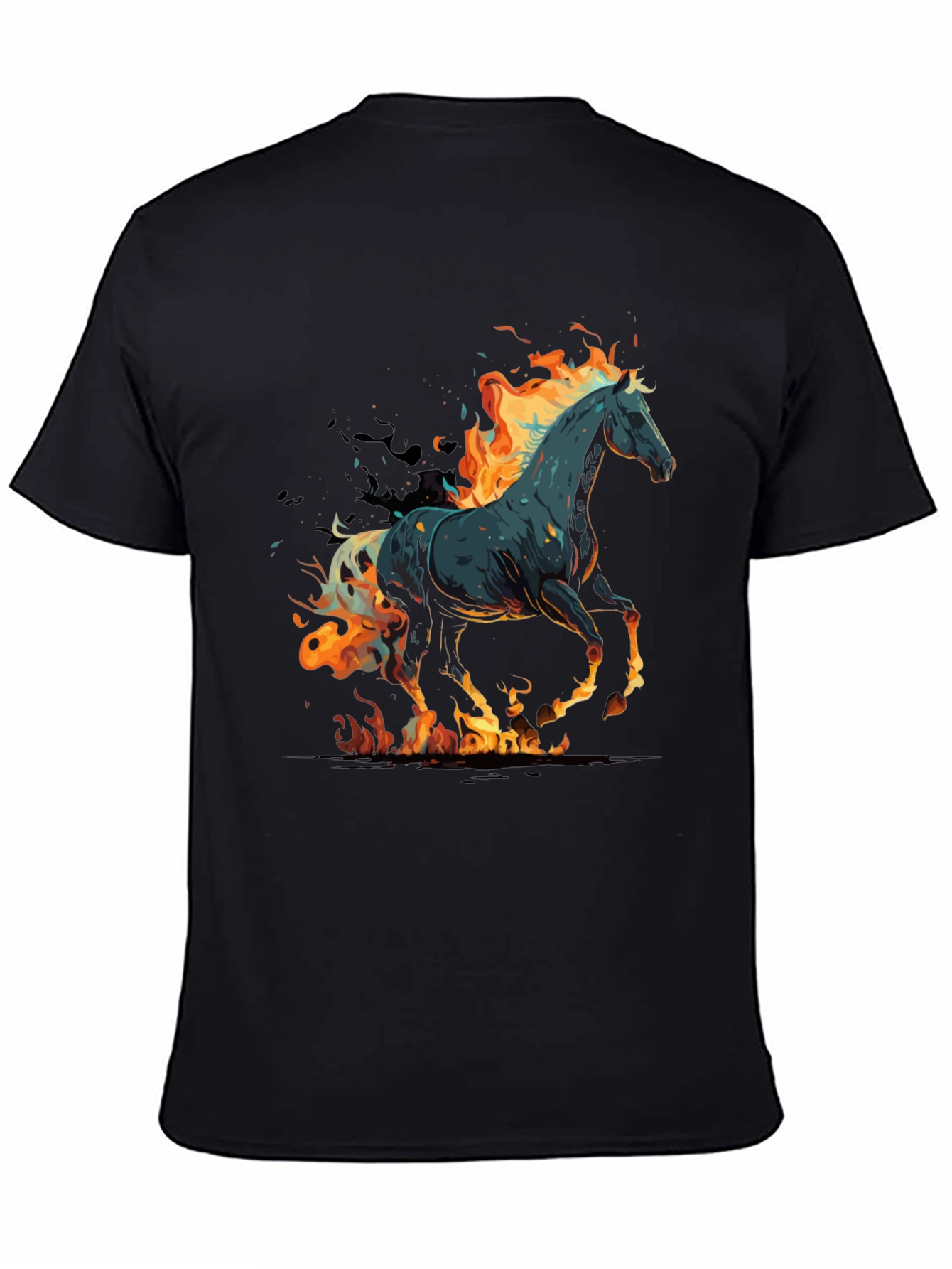 Flaming Horse Graphic Tee - Black Cotton Blend - 4