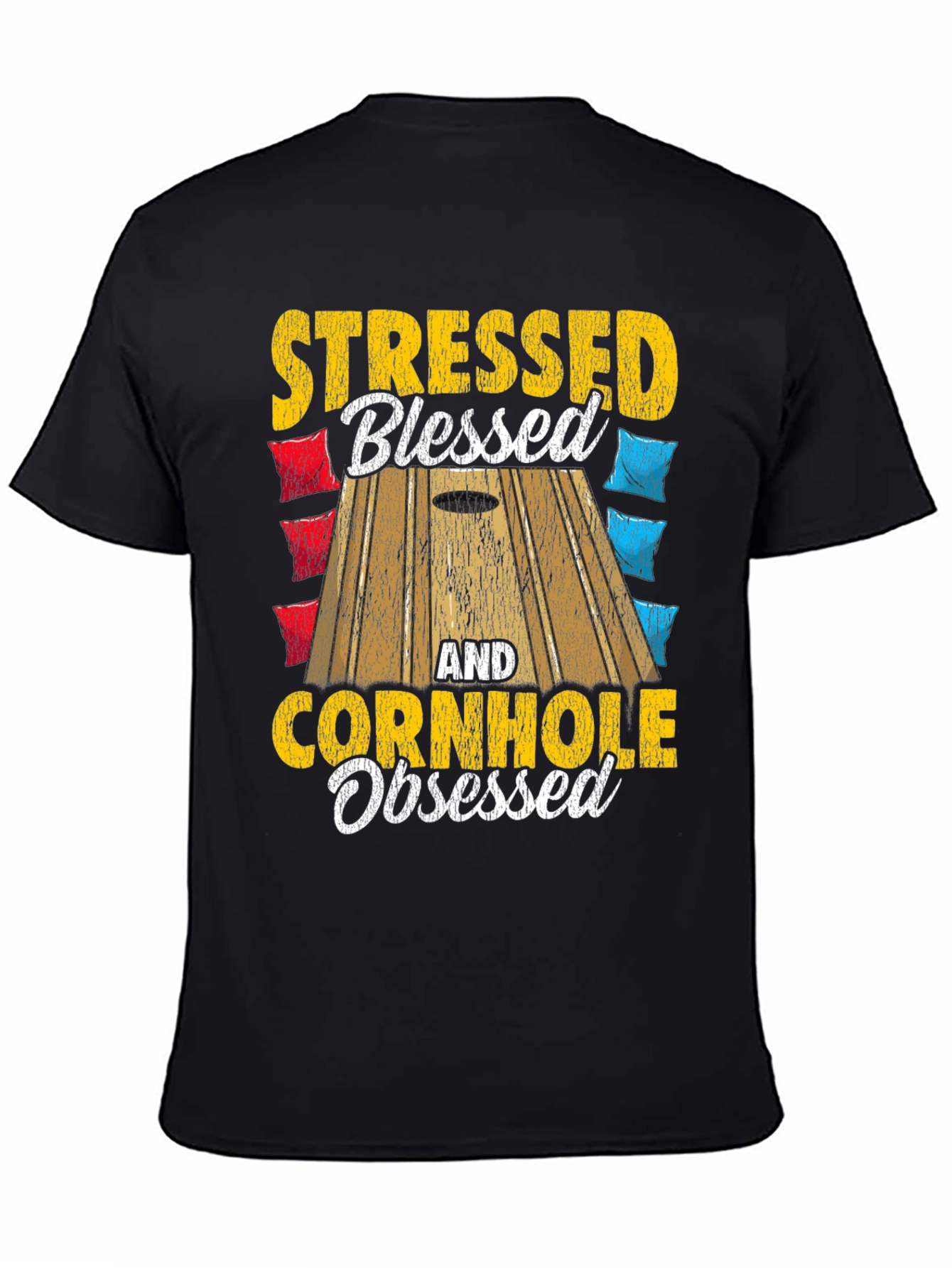 Black Stressed Blessed Cornhole Obsessed Graphic Tee view 4