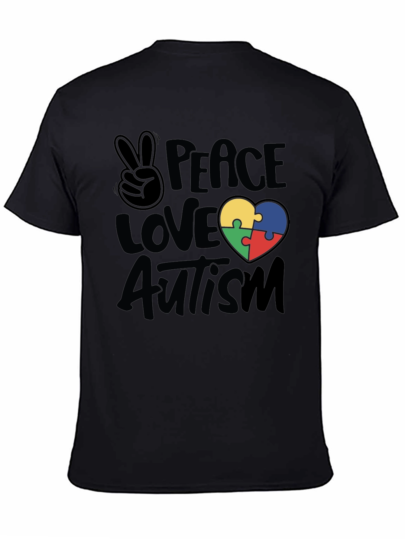 Black Peace Love Autism Puzzle Heart T-Shirt view 4