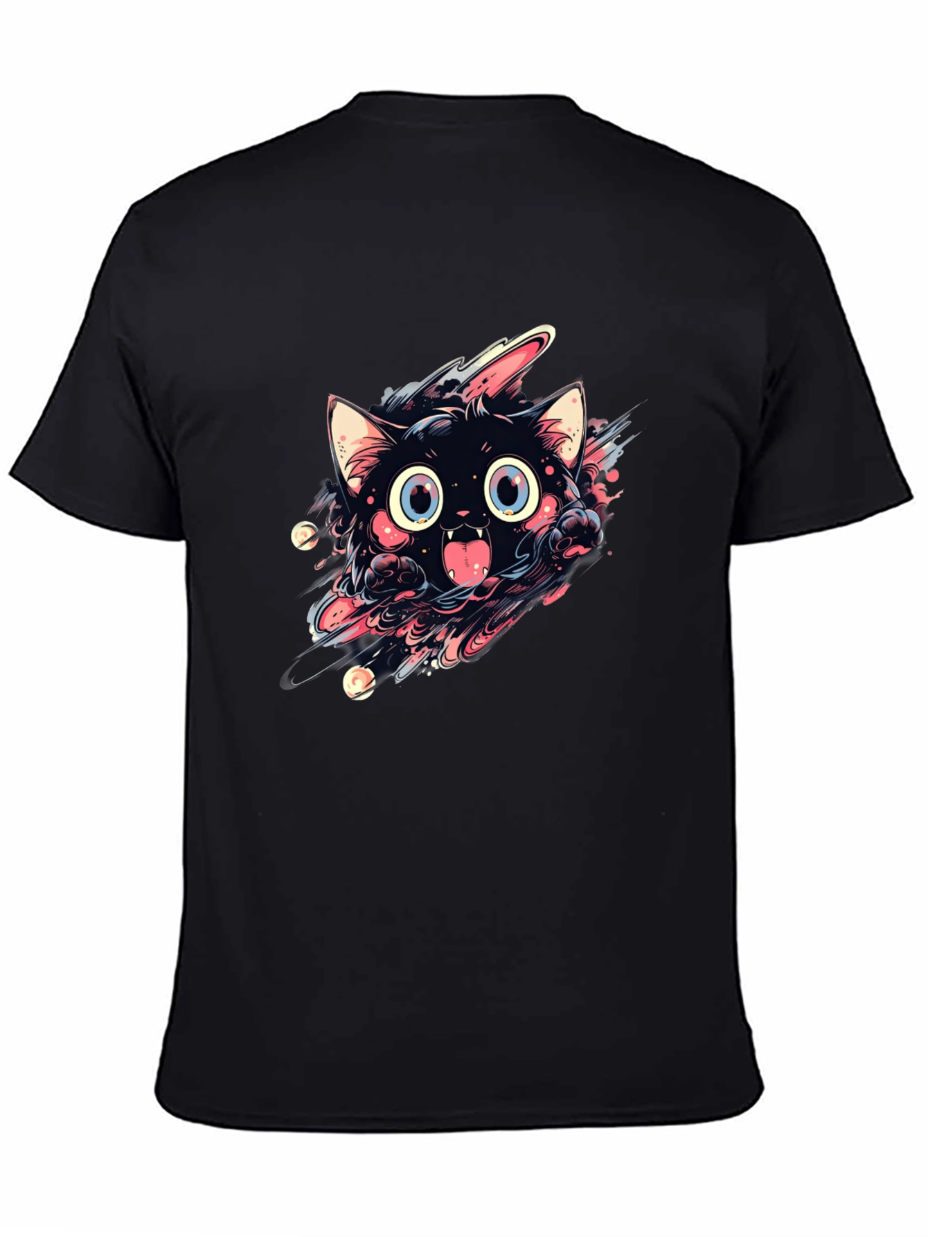 Black Cartoon Cat Graphic Black T-Shirt view 4