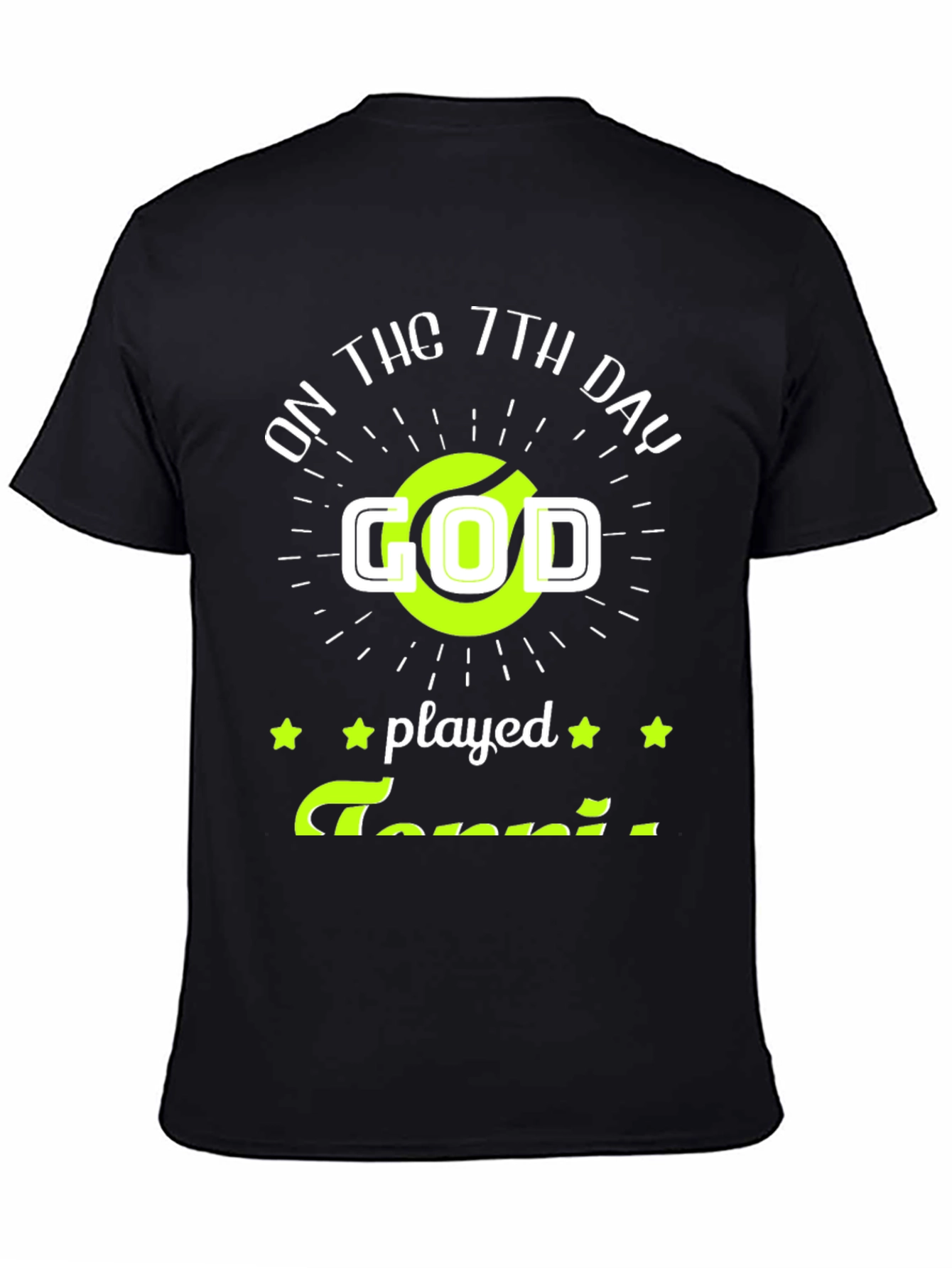 Black Funny Tennis God T-Shirt, On the 7th Day God Played Tennis Tee view 4