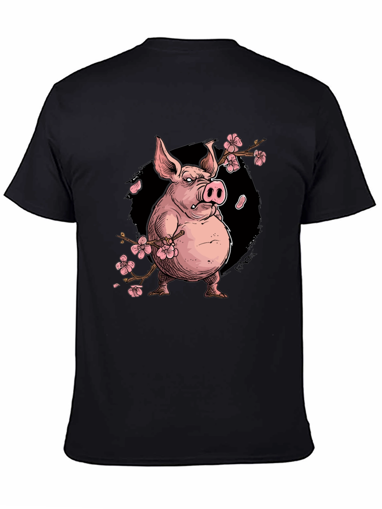 Black Pig with Cherry Blossoms Graphic T-Shirt view 4
