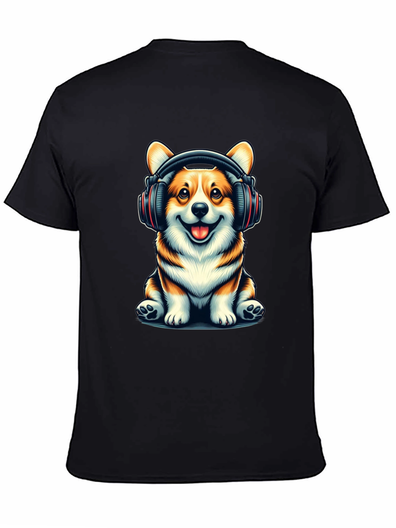 Black Corgi Headphones Graphic T-Shirt view 4