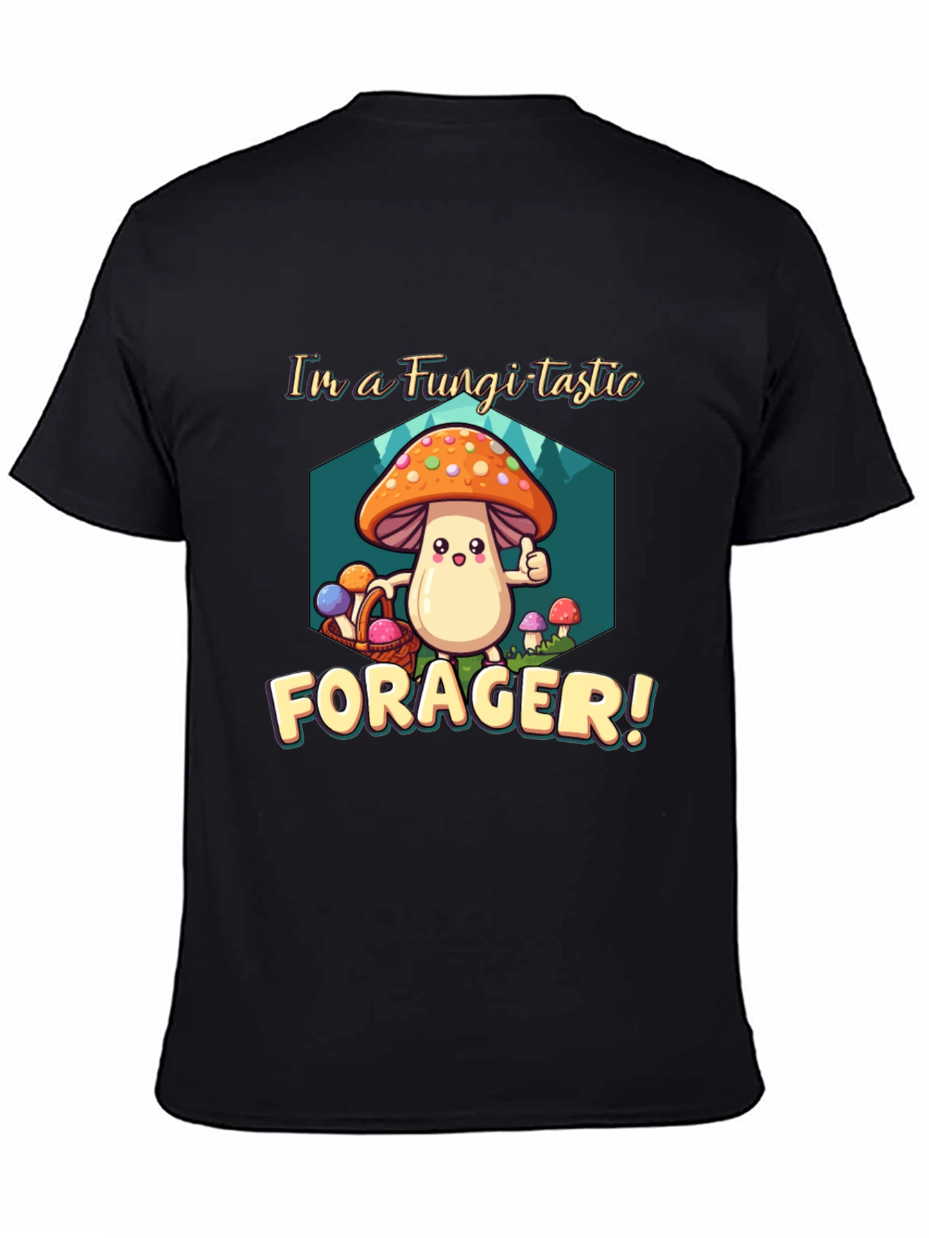 Black Fungi-tastic Forager T-Shirt - Fun Mushroom Design view 4