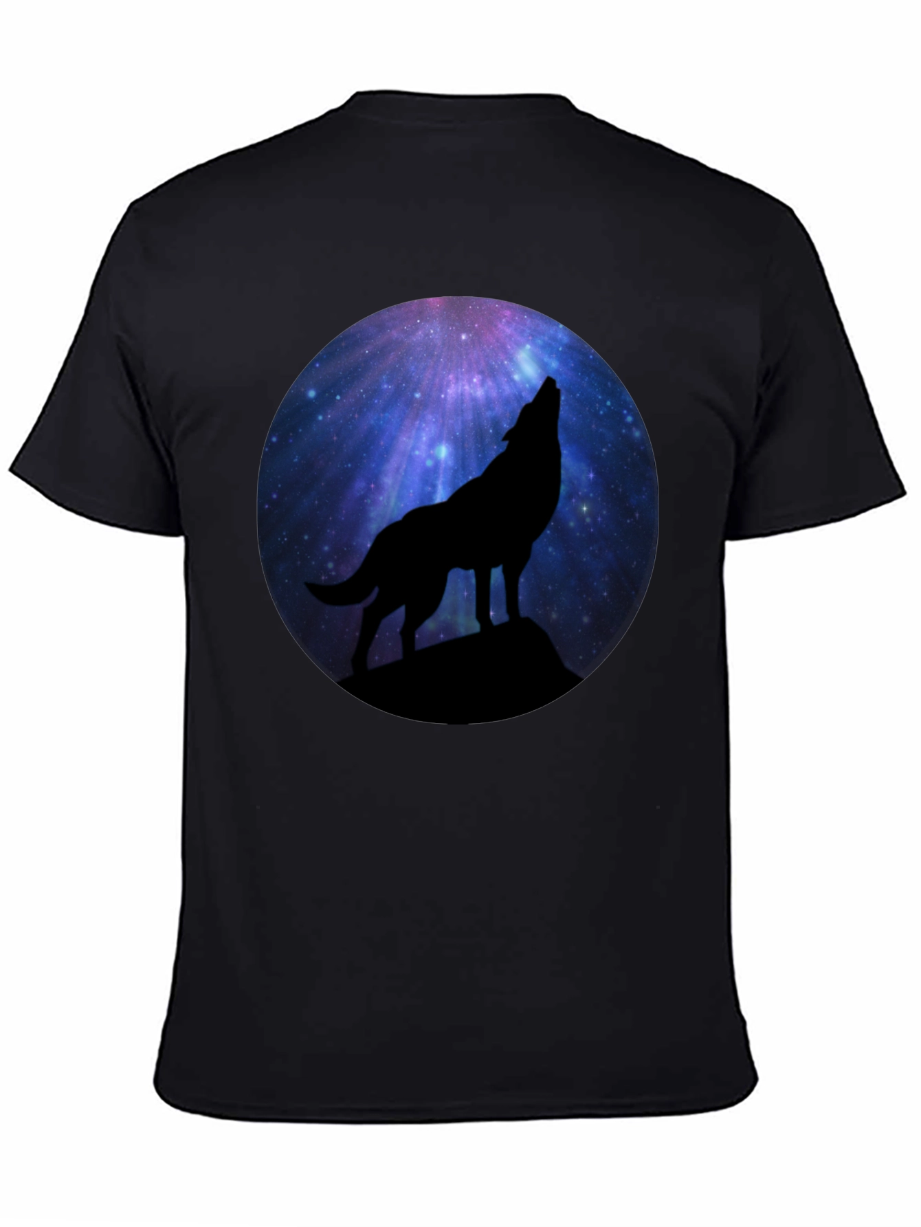 Black Wolf Howling at Galaxy Moon Men's Black T-Shirt view 4
