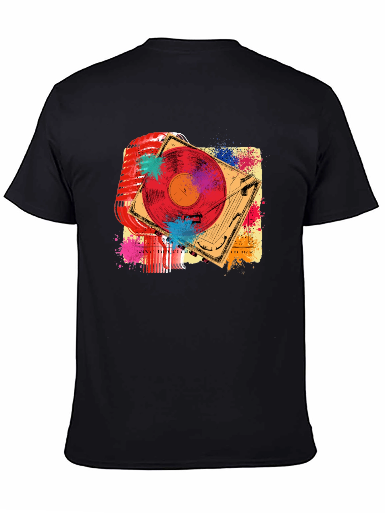 Black Retro Music T-Shirt - Microphone & Turntable Design view 4