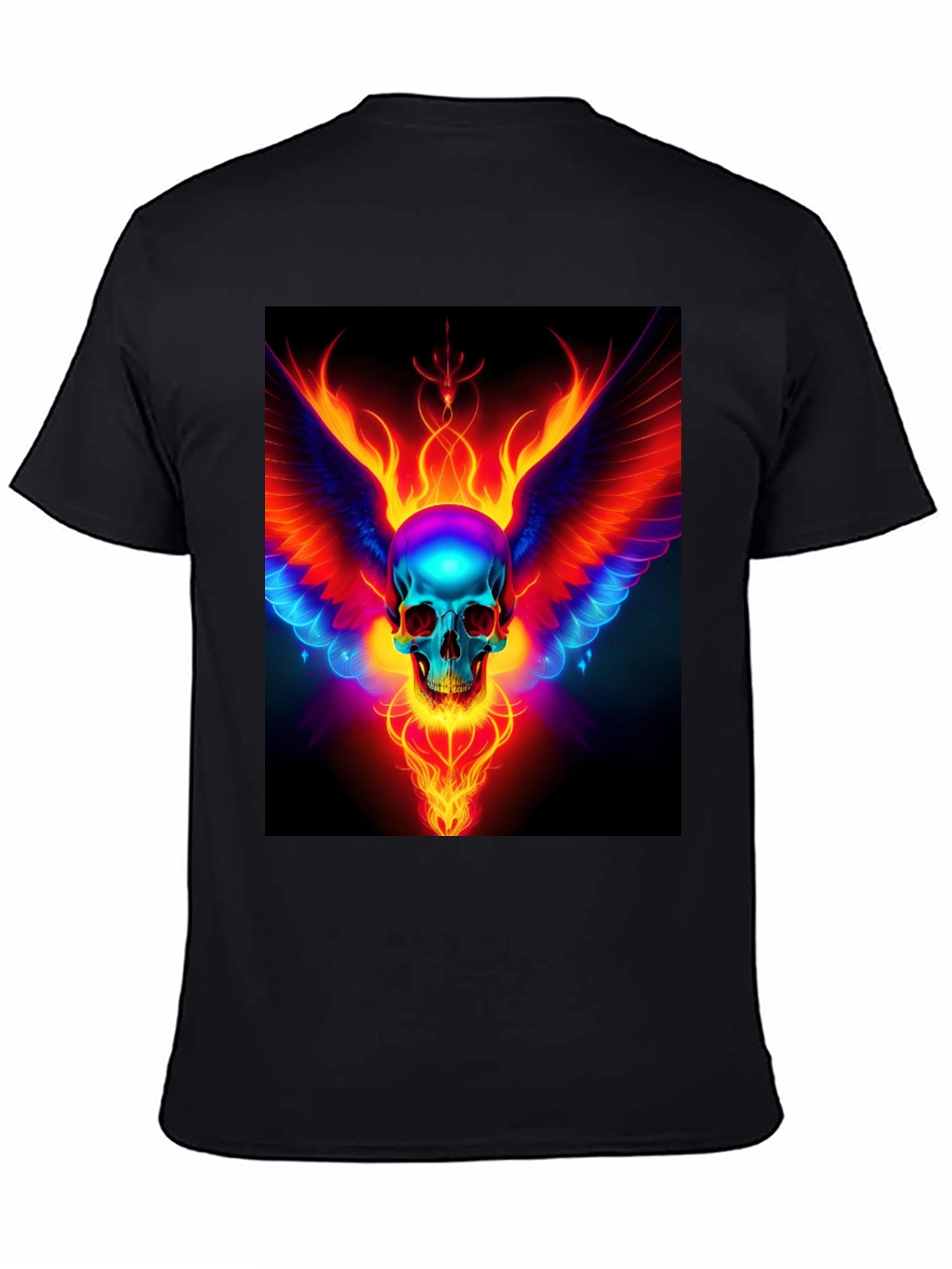 Black Flaming Skull Wings Graphic Black T-Shirt view 4