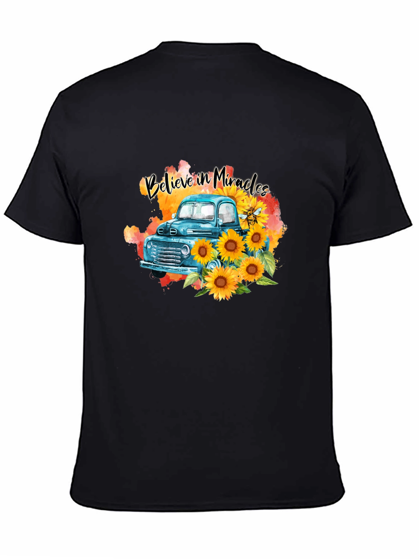 Black Believe in Miracles Sunflower Truck T-Shirt view 4