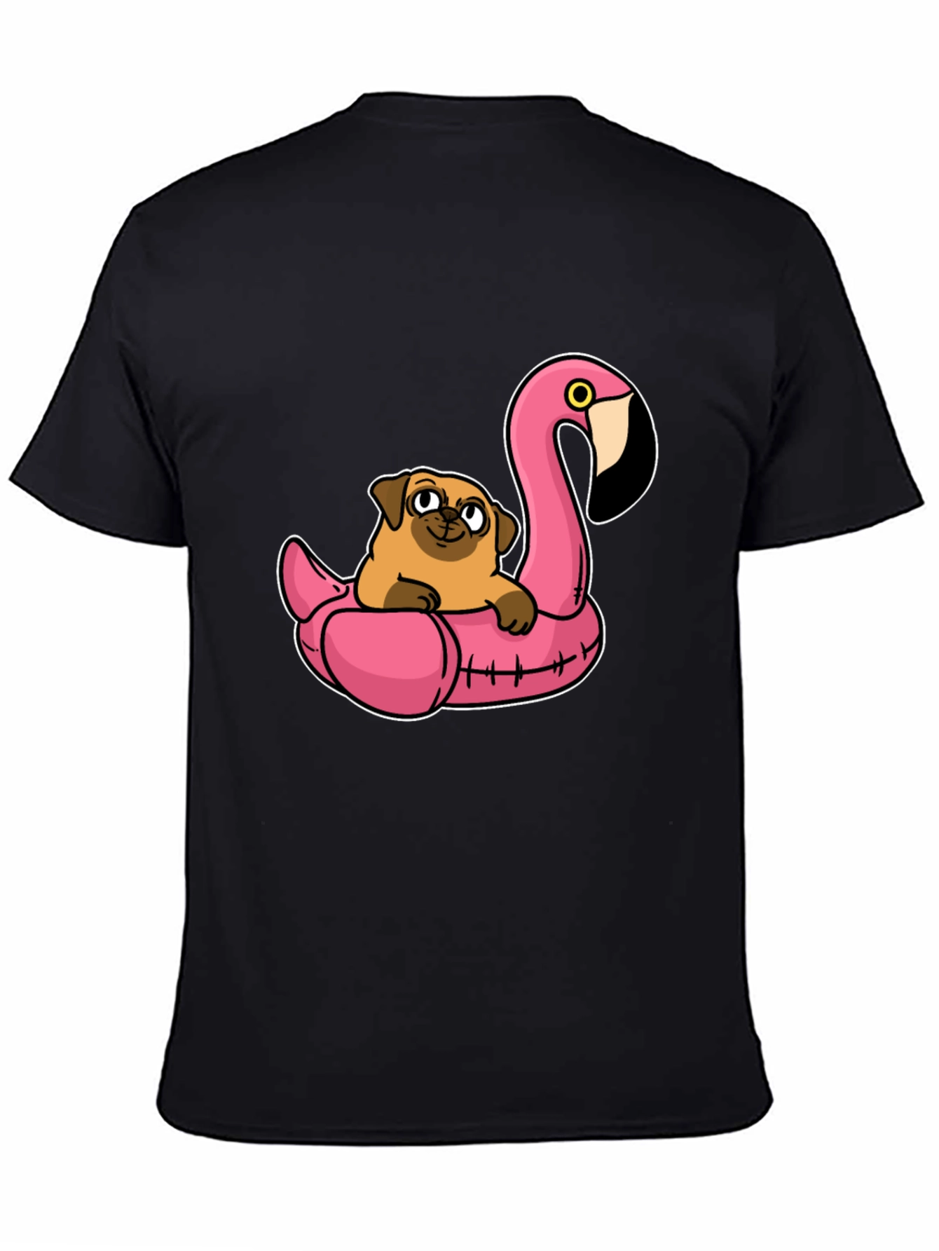 Black Pug on Flamingo Float T-Shirt view 4