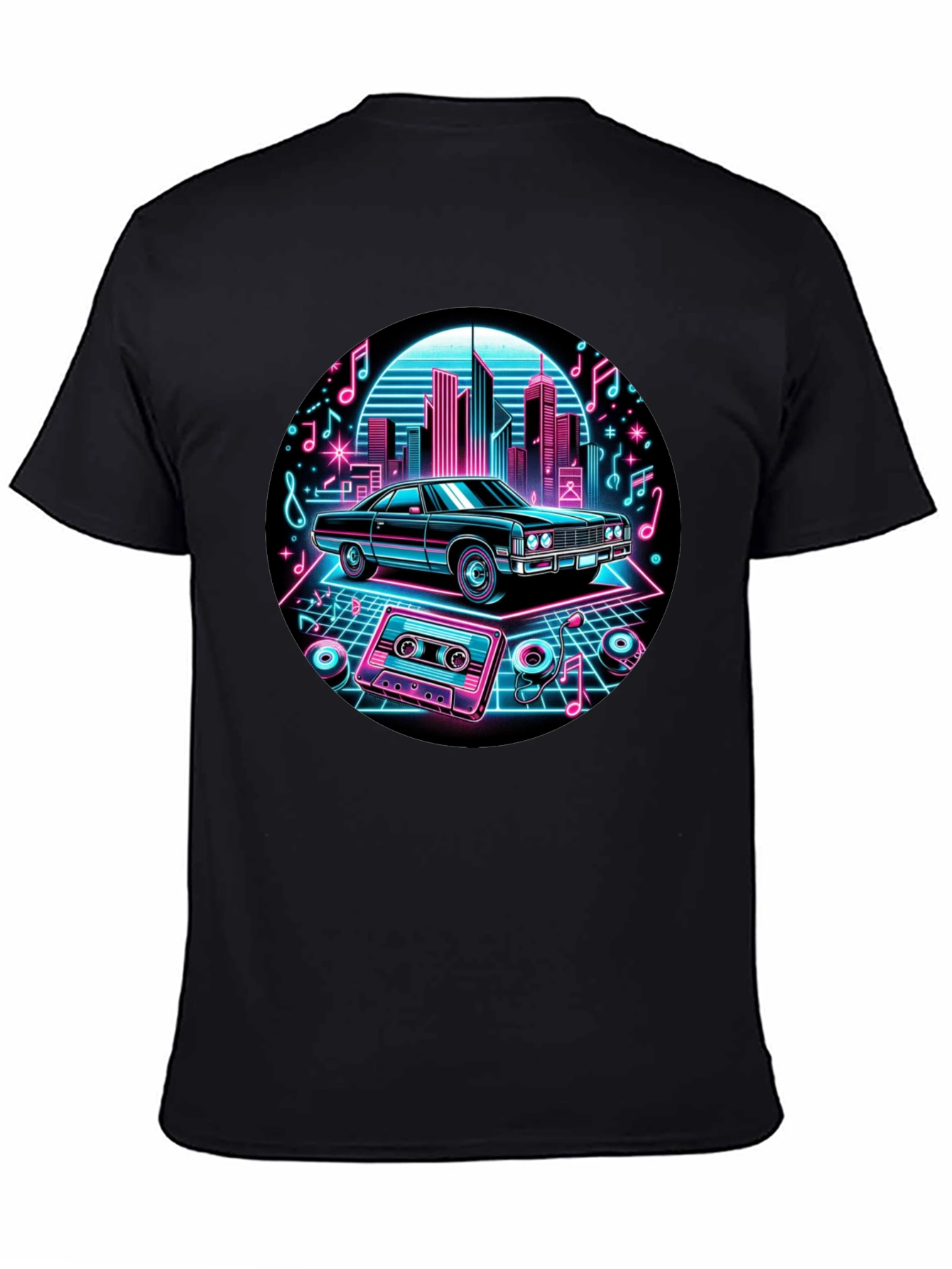 Black Retro Car T-Shirt - Neon Cityscape Design view 4