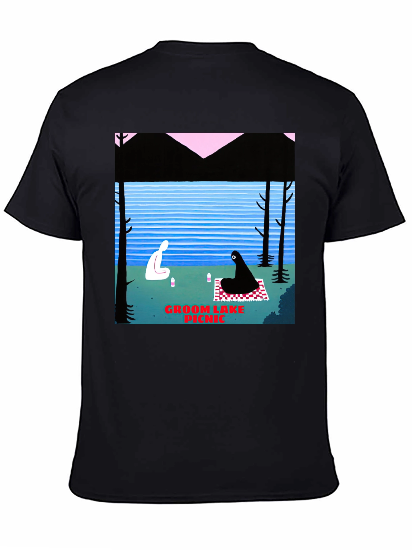 Black Groom Lake Picnic Graphic T-Shirt - Unique Art Tee view 4