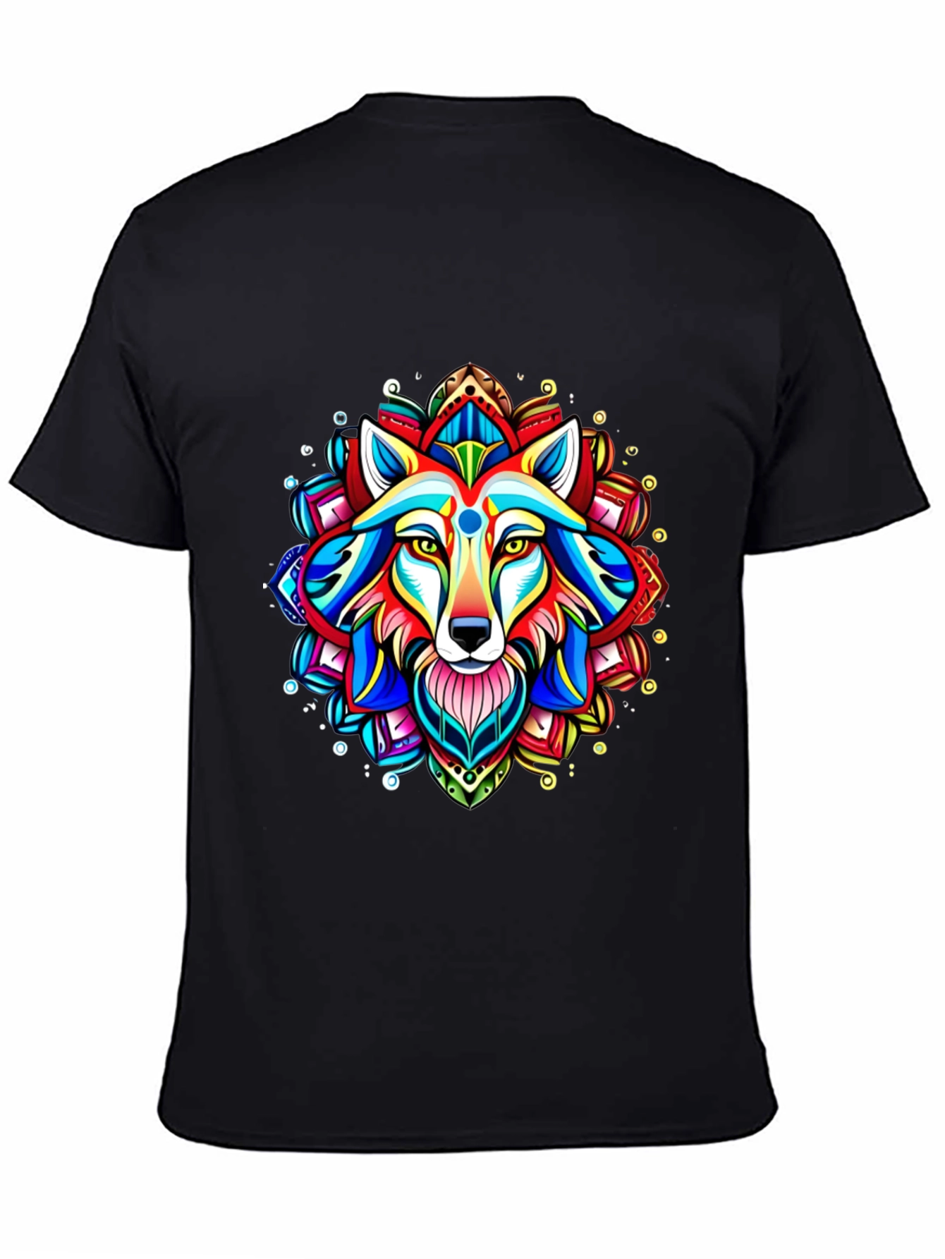 Black Vibrant Wolf Mandala Graphic Tee view 4