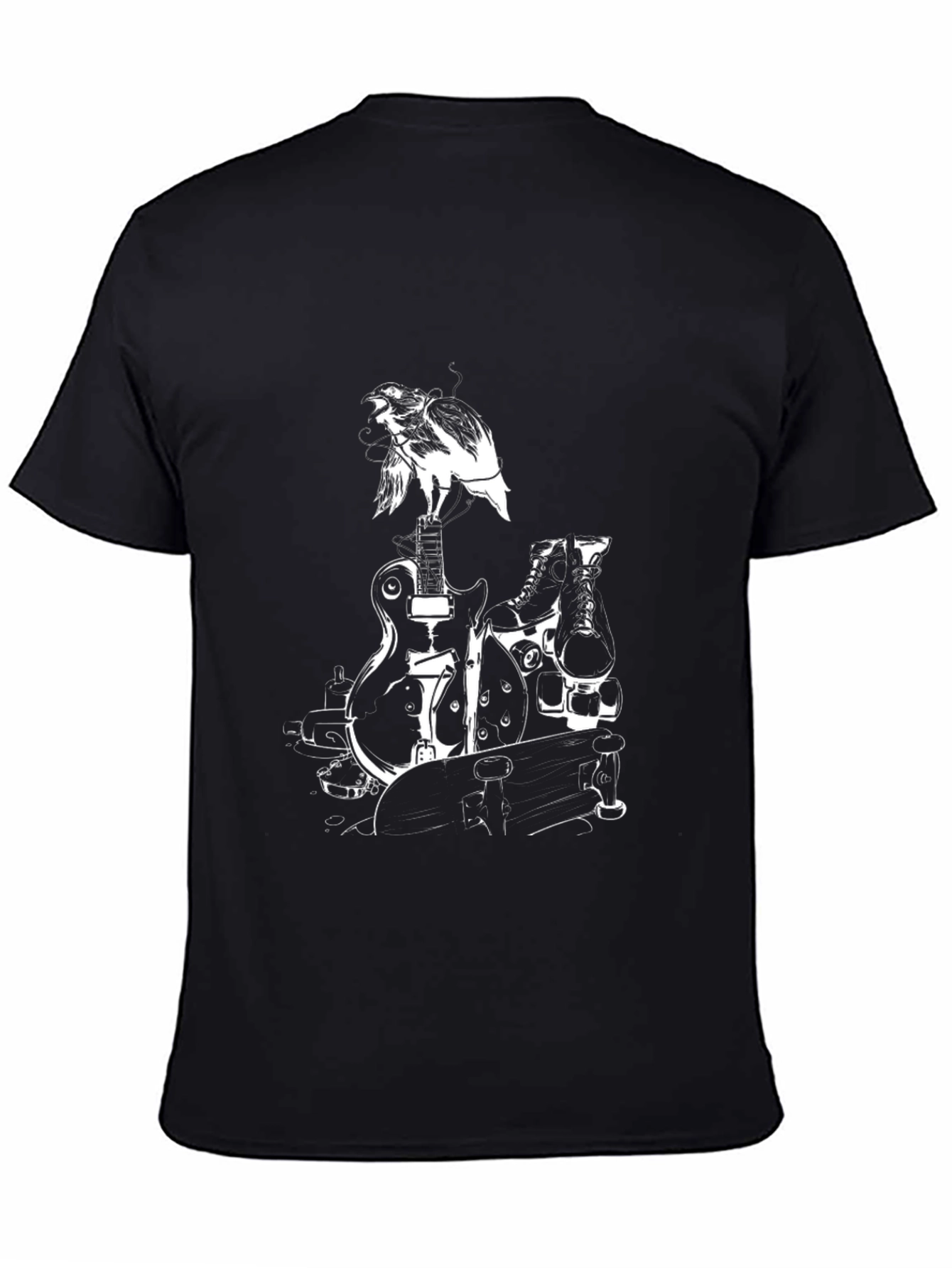 Black Black Graphic Tee: Bird, Guitar, Skates, Skateboard view 4