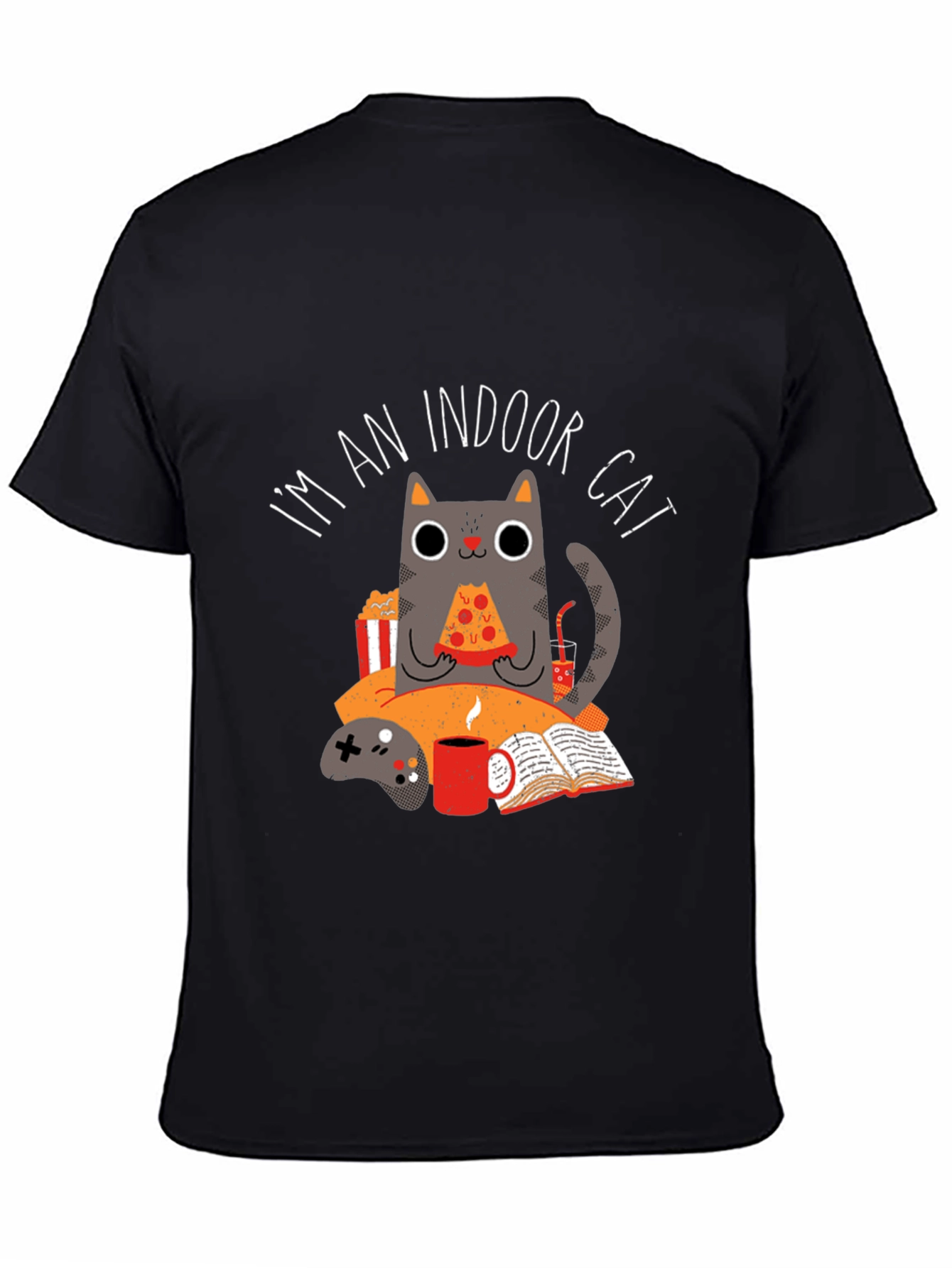 Black Indoor Cat T-Shirt - Gamer & Pizza Lover view 4