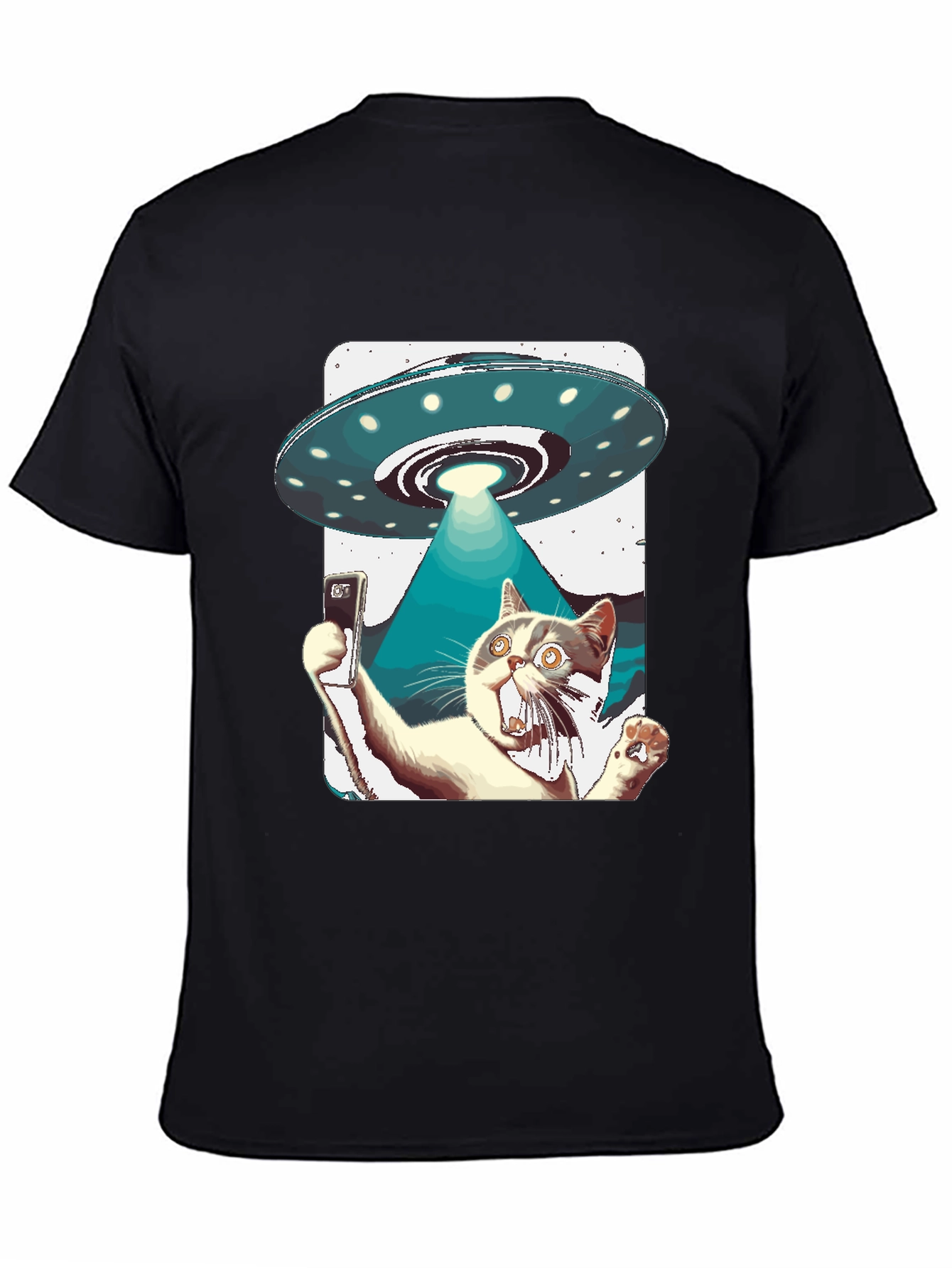 Black Alien Abduction Cat Selfie T-Shirt view 4