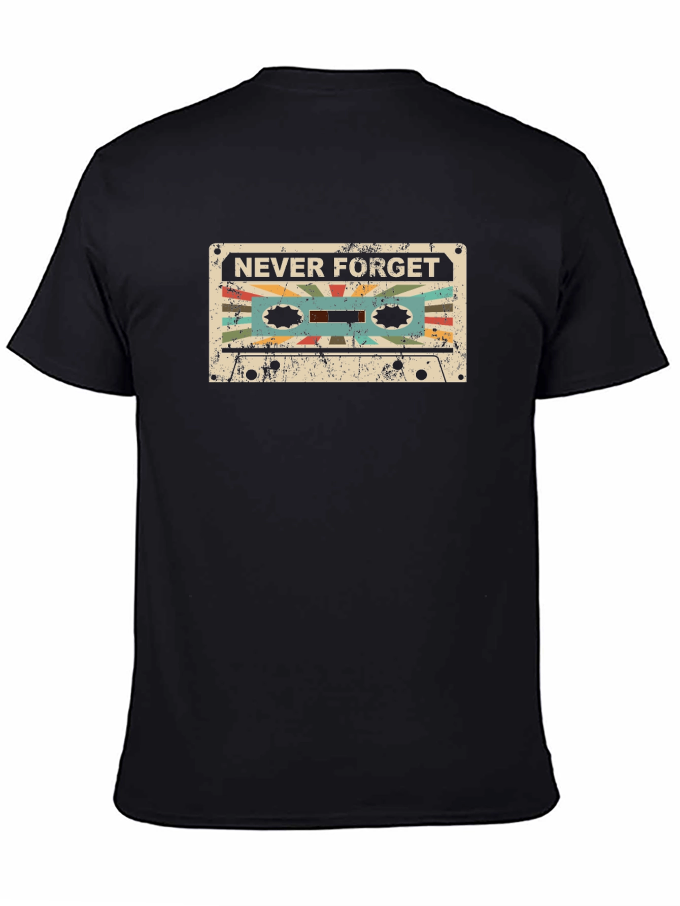 Black Retro Cassette Tape 'Never Forget' Graphic T-Shirt view 4