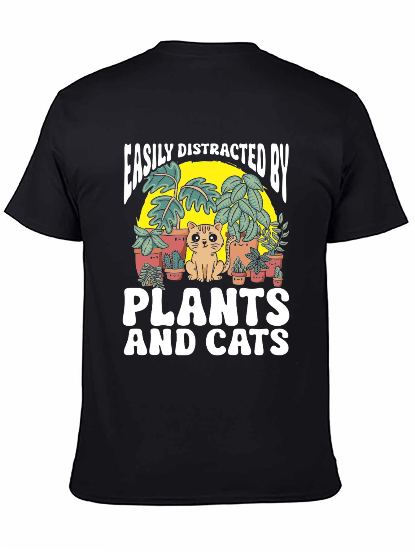 Black Easily Distracted by Plants and Cats T-Shirt view 4
