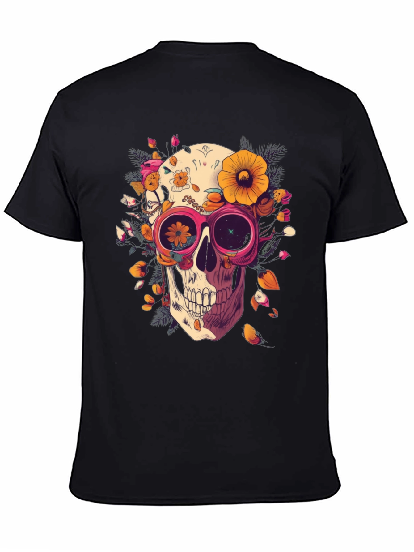 Black Floral Skull Graphic Tee - Unique Unisex T-Shirt view 4