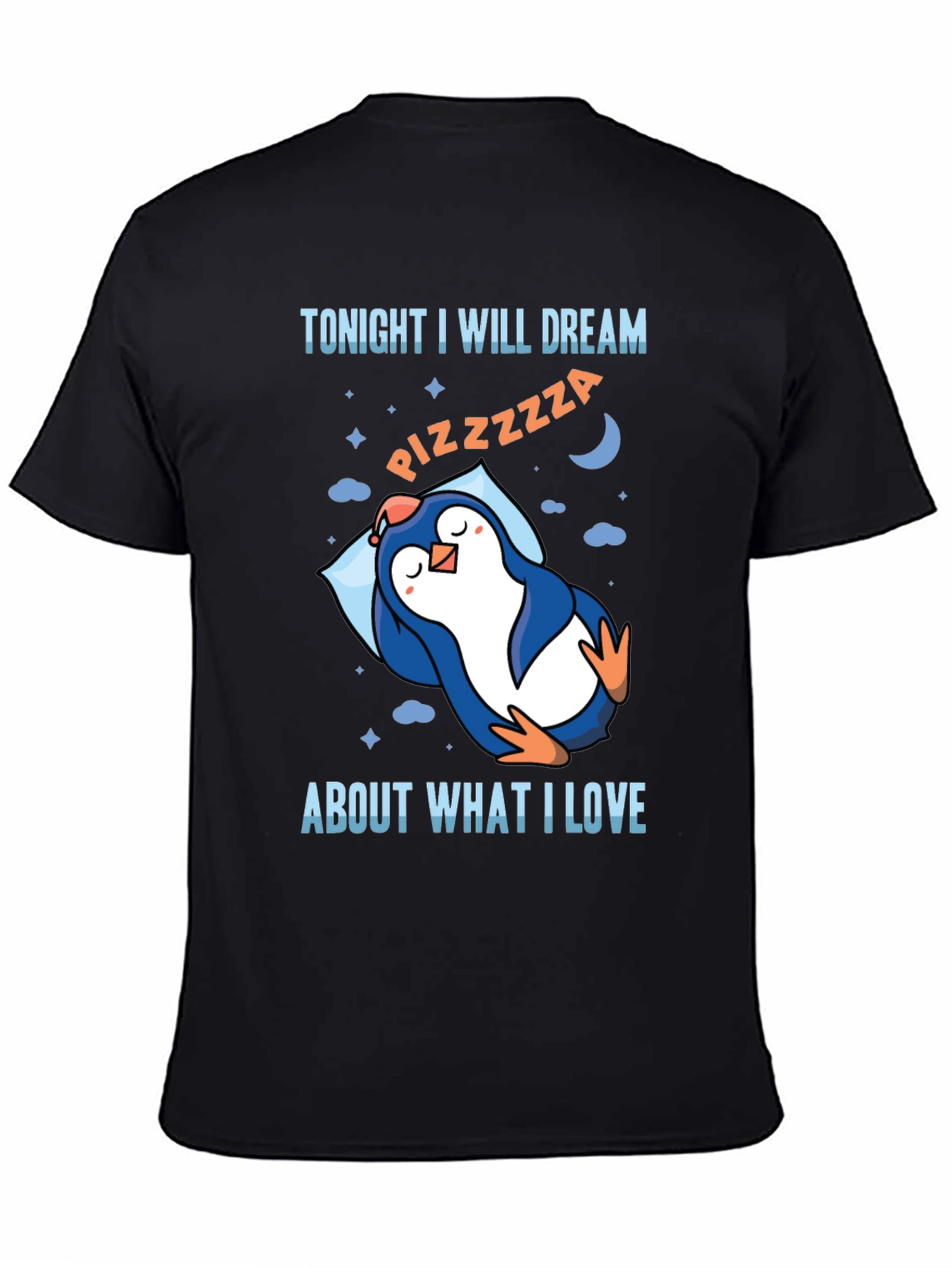 Black Pizza Dream Penguin T-Shirt -  Comfortable Crew Neck Tee view 4