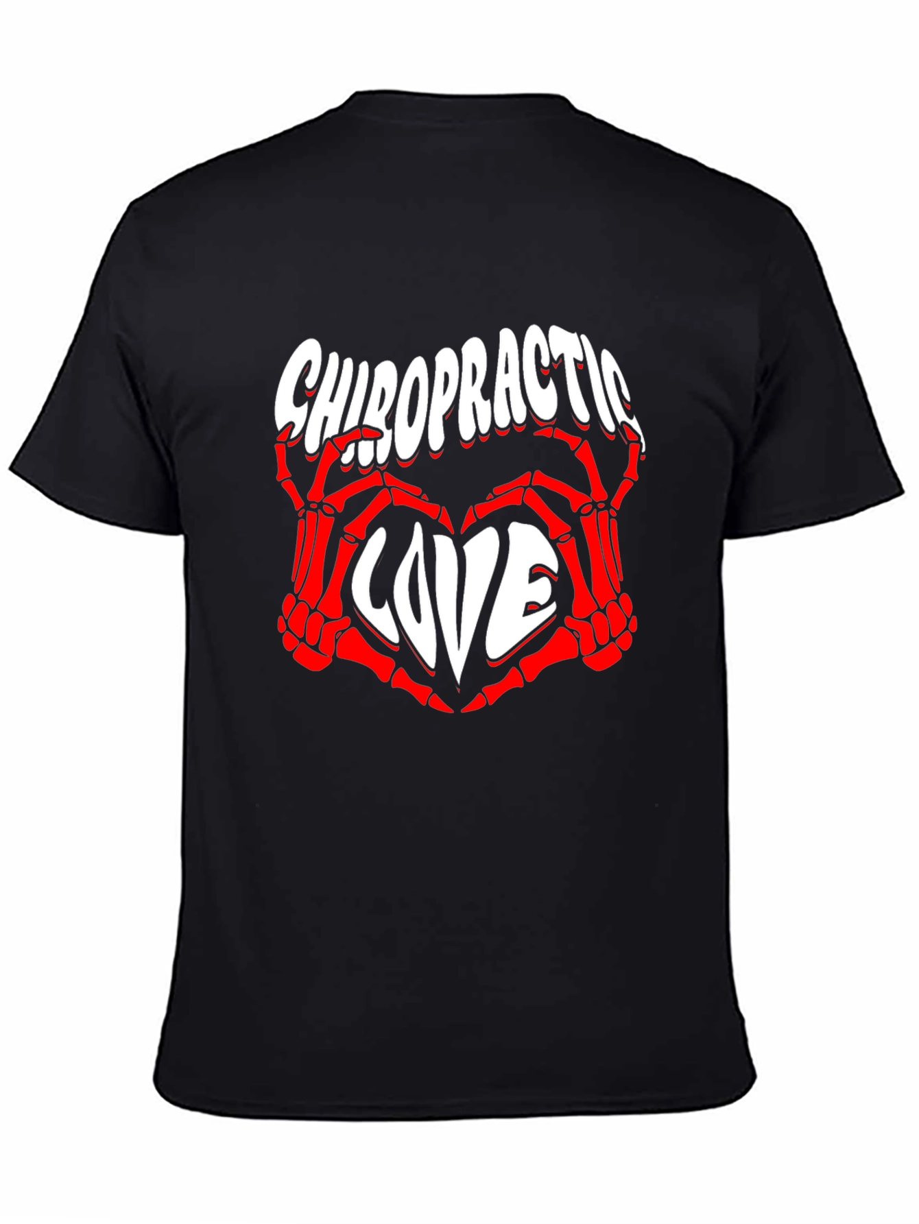 Black Chiropractic Love T-Shirt - Red Skeleton Hands Heart view 4