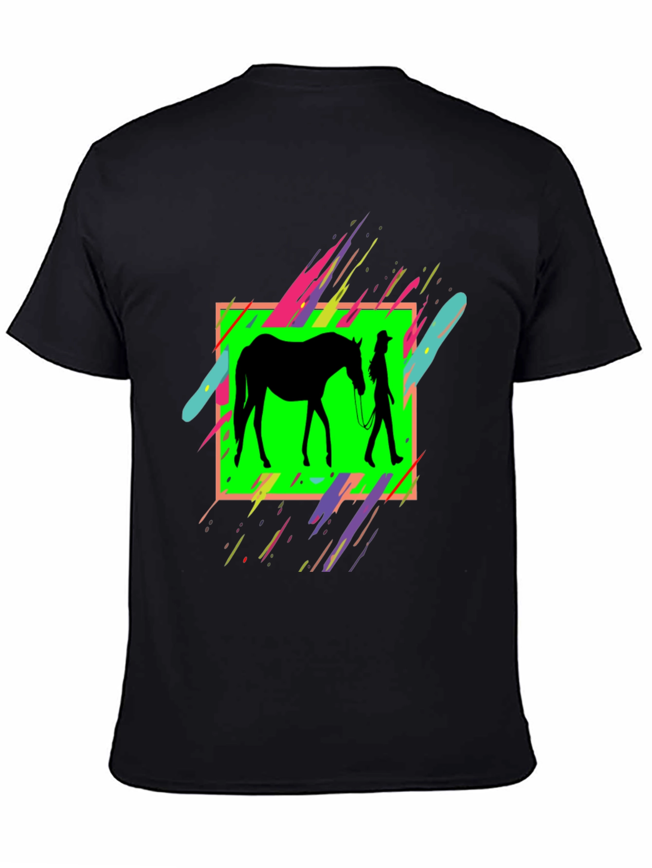 Black Horse & Rider Graphic Tee - Neon Silhouette Design view 4