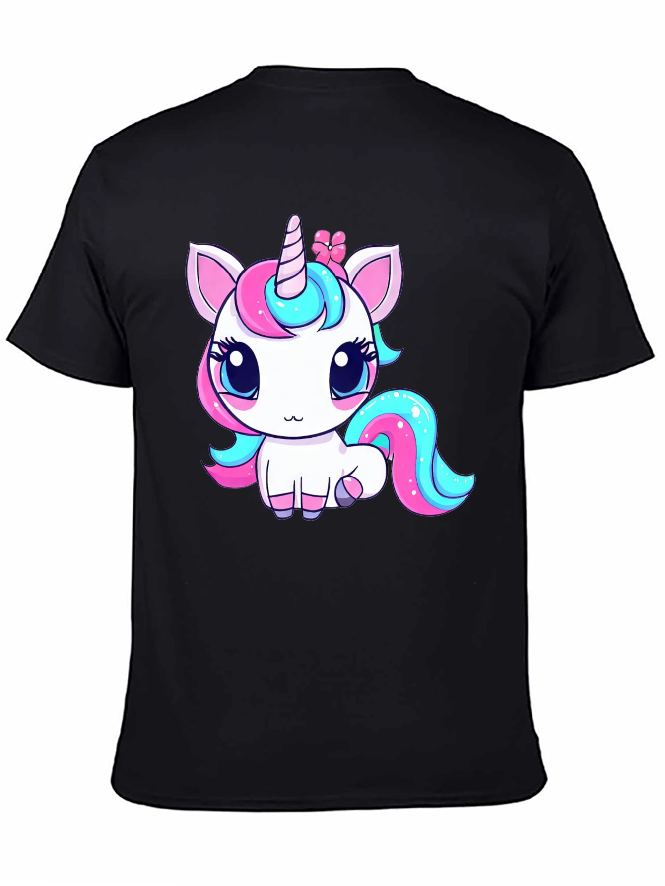 Black Cute Cartoon Unicorn Black T-Shirt view 4