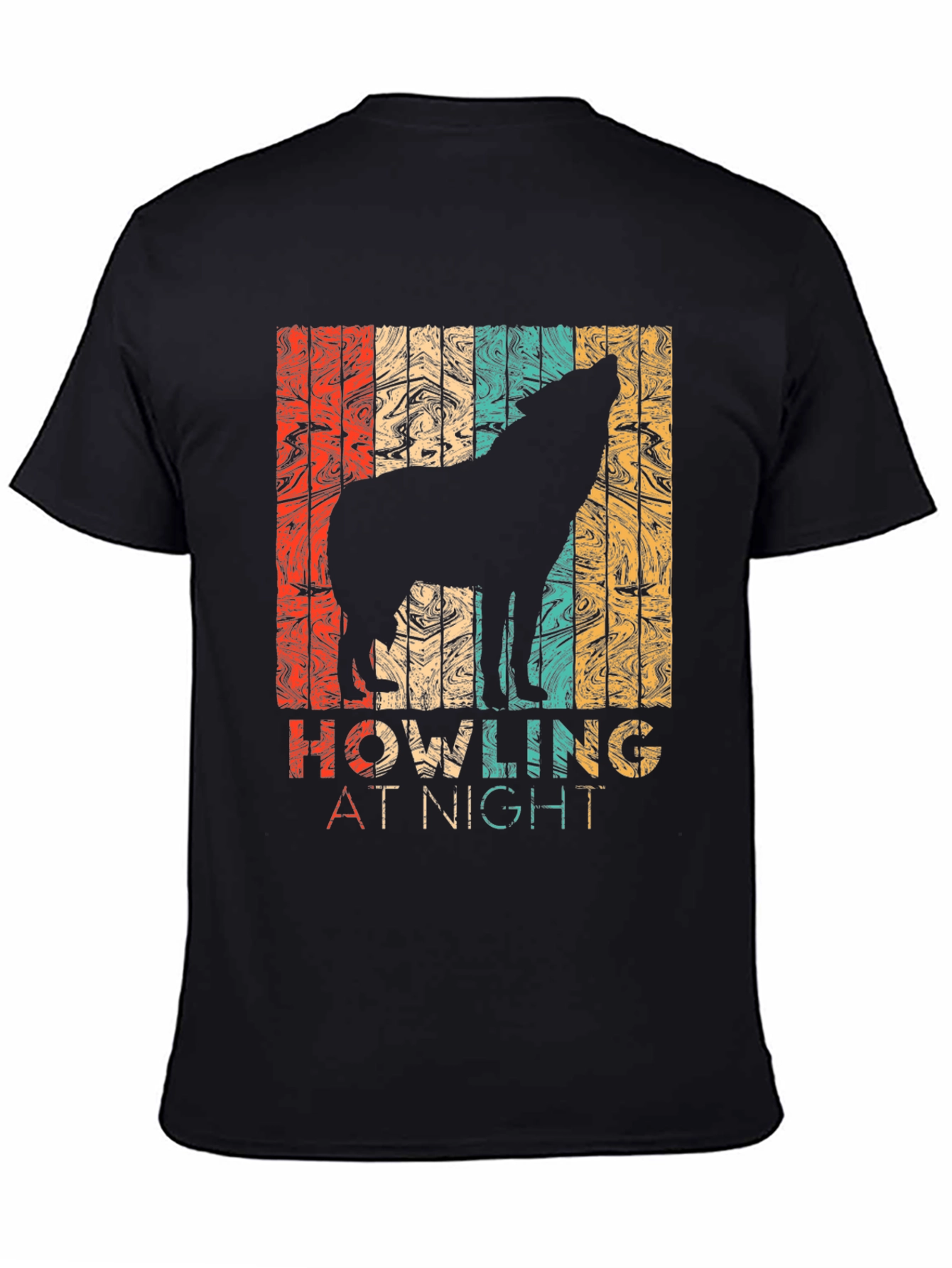 Black Retro Wolf Howling at Night Graphic T-Shirt view 4