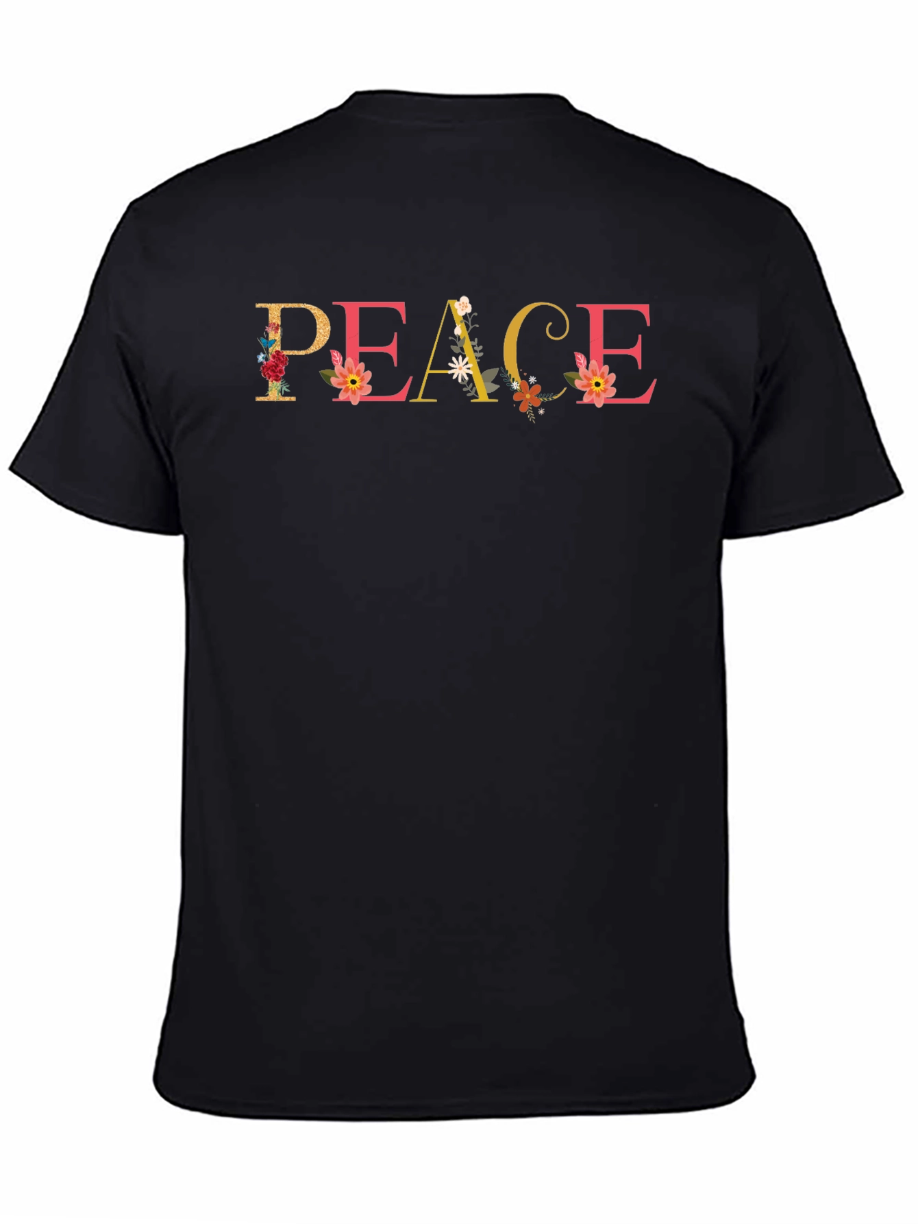Black Floral Peace Graphic Tee - Black Crew Neck Shirt view 4