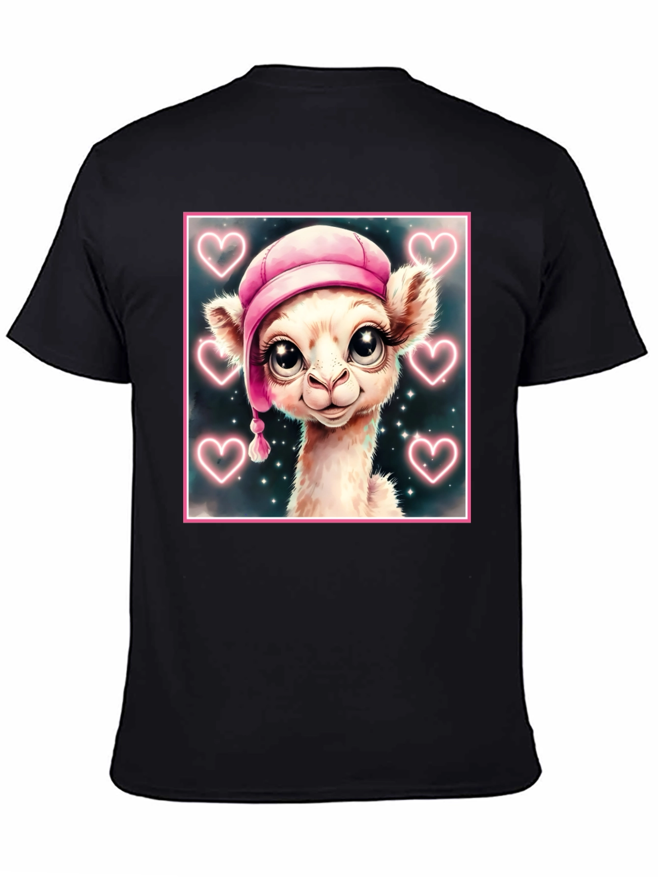 Black Cute Llama in Pink Hat - Graphic Tee view 4