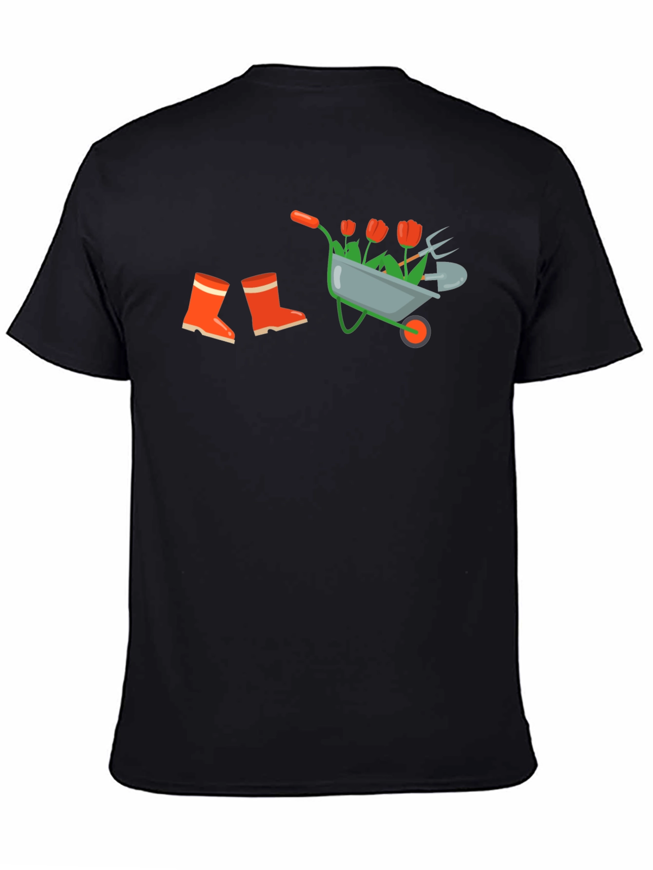 Black Gardening T-Shirt: Wheelbarrow, Boots & Tools Design view 4