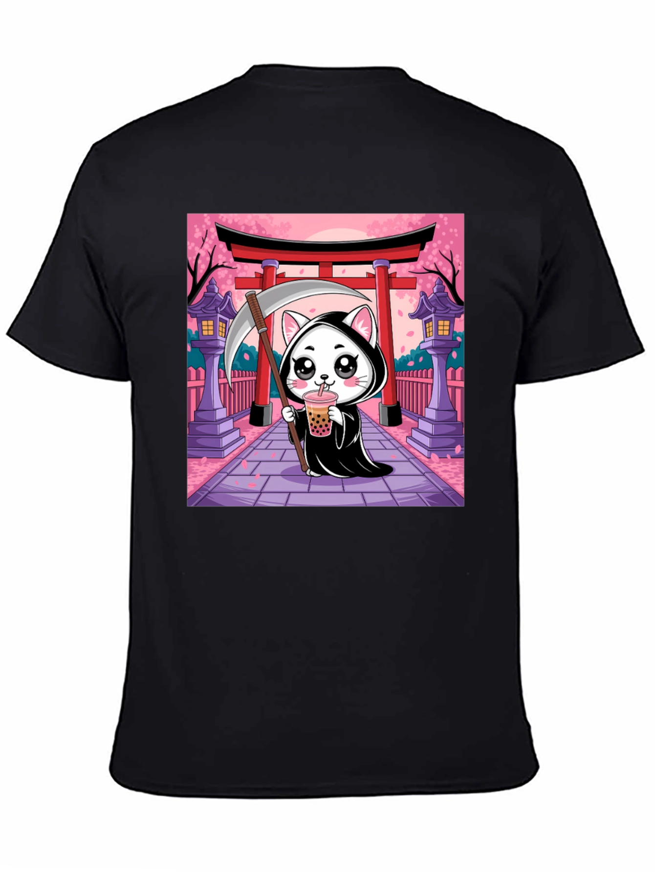 Black Kawaii Grim Reaper Cat T-Shirt view 4