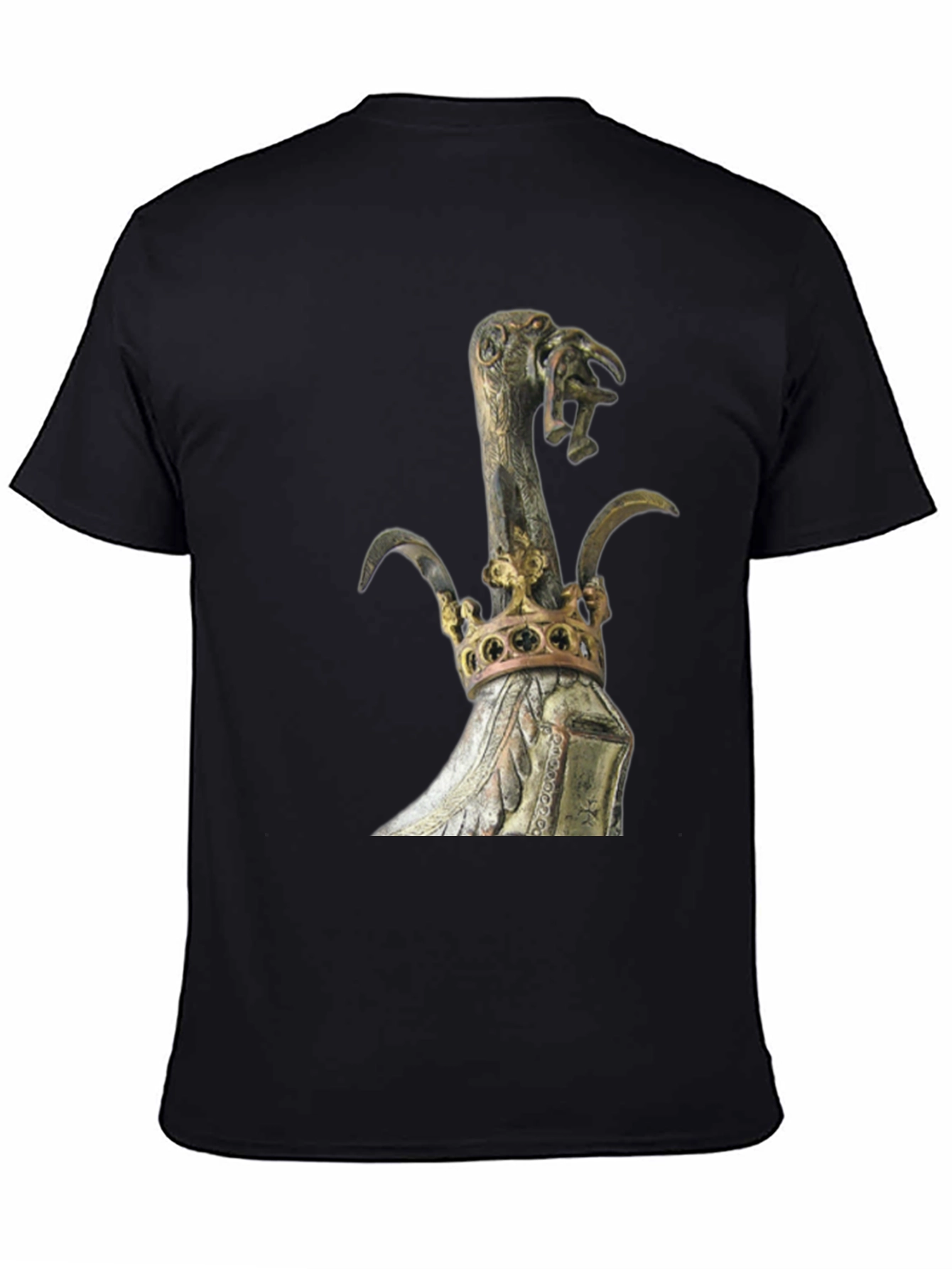 Black Black T-Shirt with Ornate Crown and Bird Scepter Design view 4