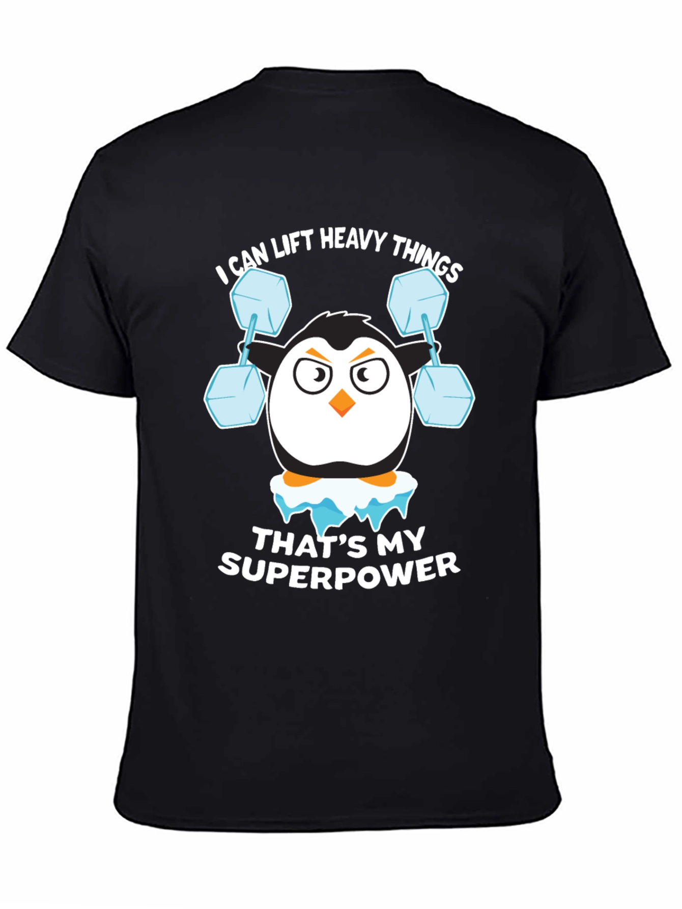 Black Penguin Lifting Weights Funny T-Shirt view 4