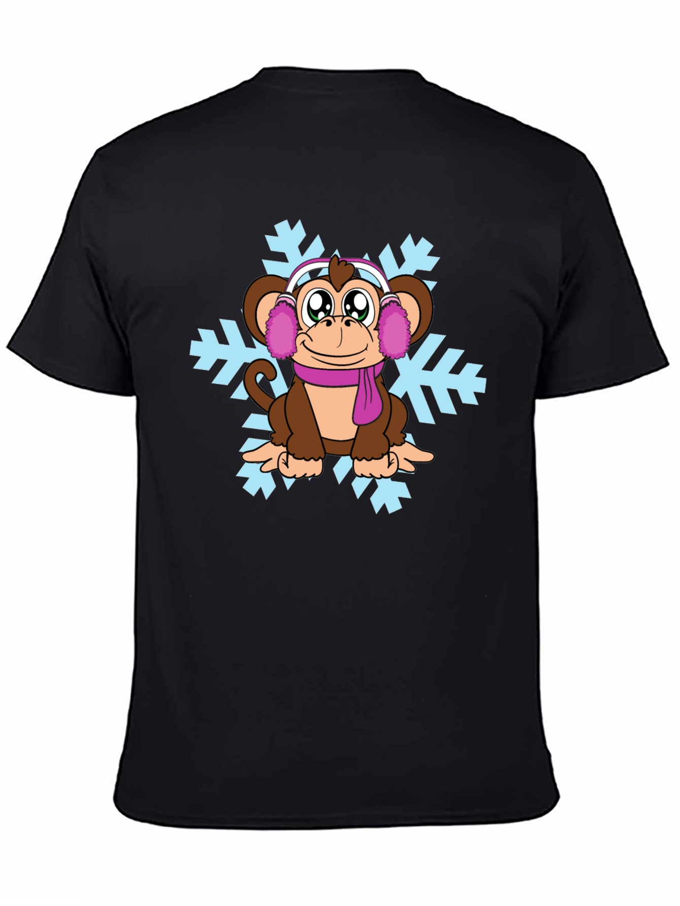 Black Winter Monkey T-Shirt - Cute Cartoon Design view 4