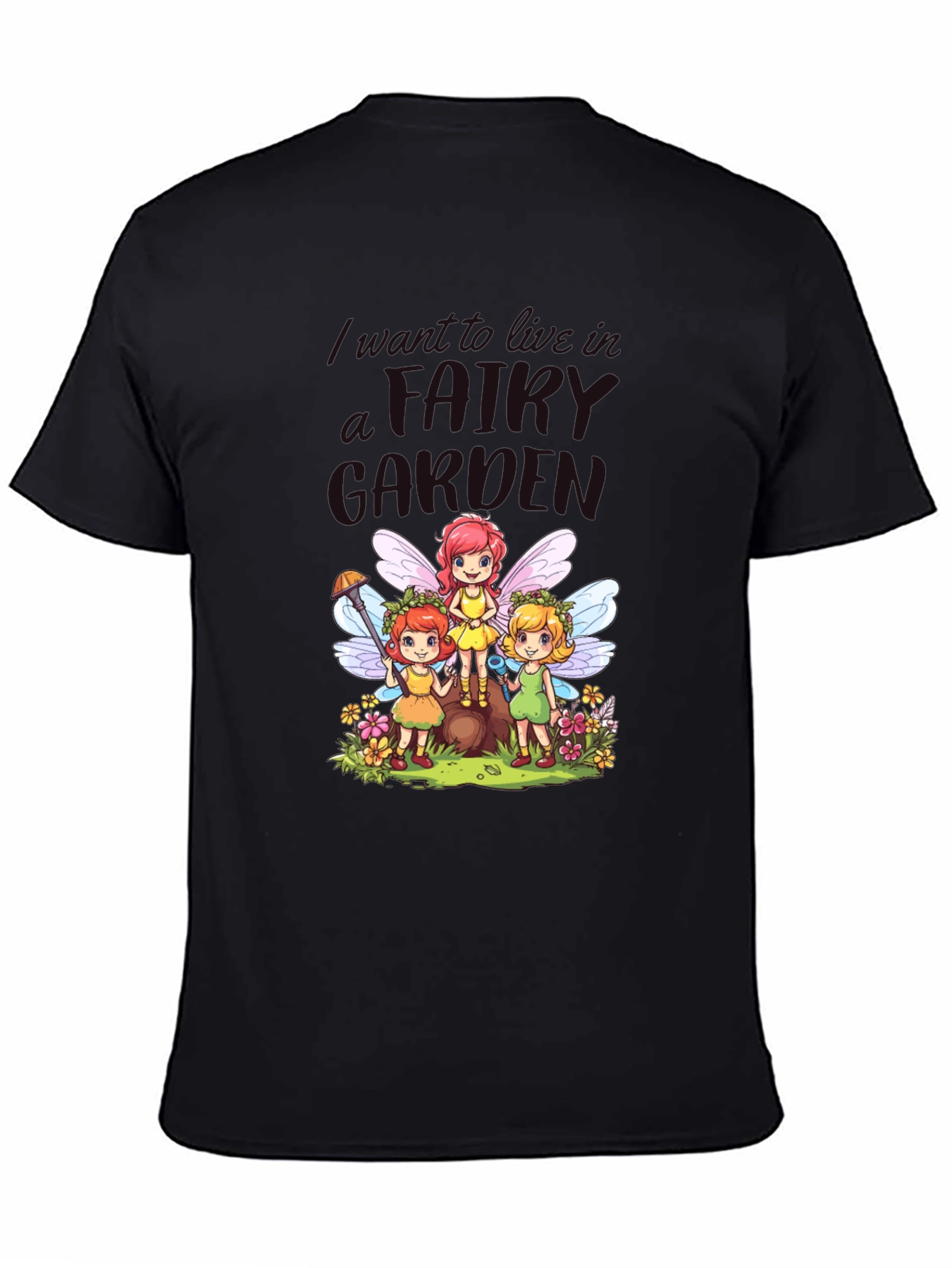 Black Fairy Garden Graphic Tee - Whimsical Fairies view 4
