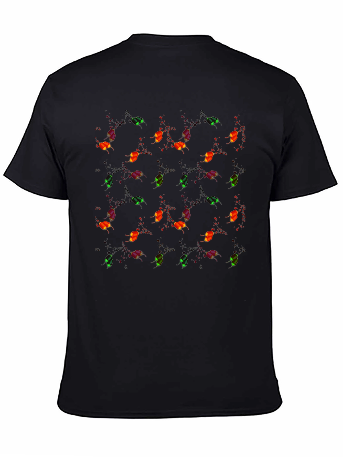 Whimsical Firefly Pattern Black Crew Neck T-Shirt - 4