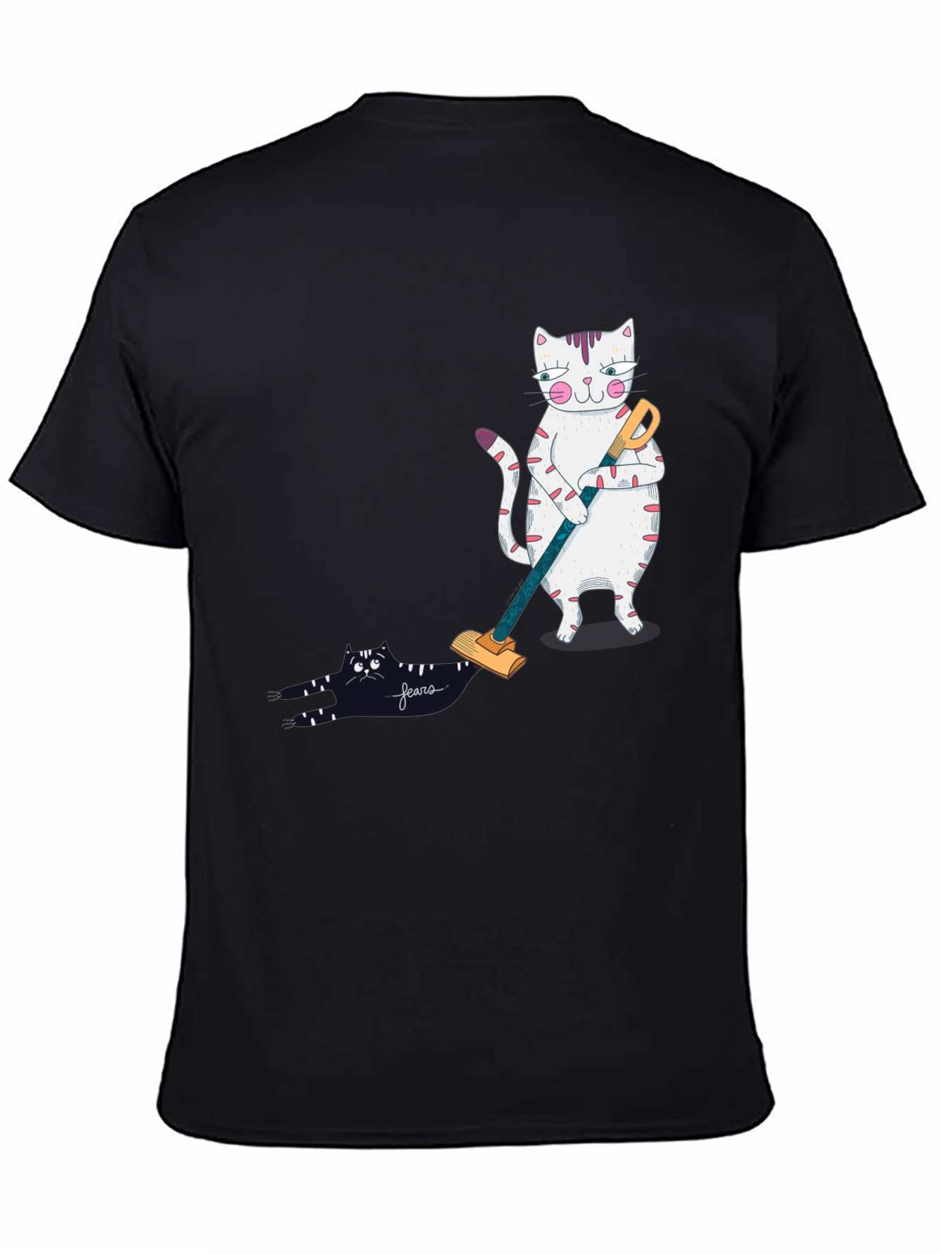 Black Funny Cat Vacuuming T-Shirt view 4