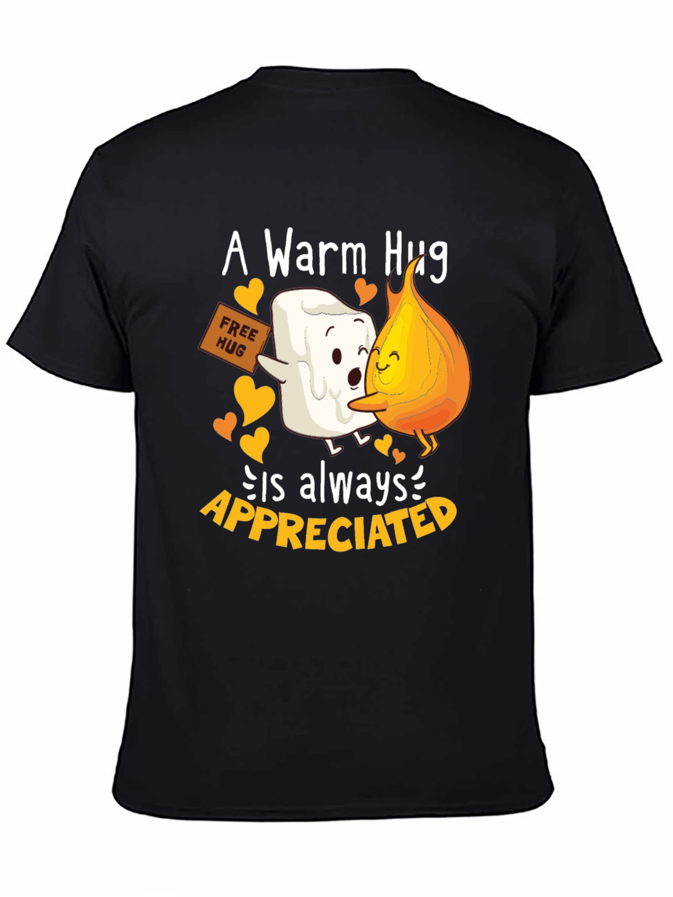 Black Warm Hug T-Shirt: Marshmallow and Flame Design view 4