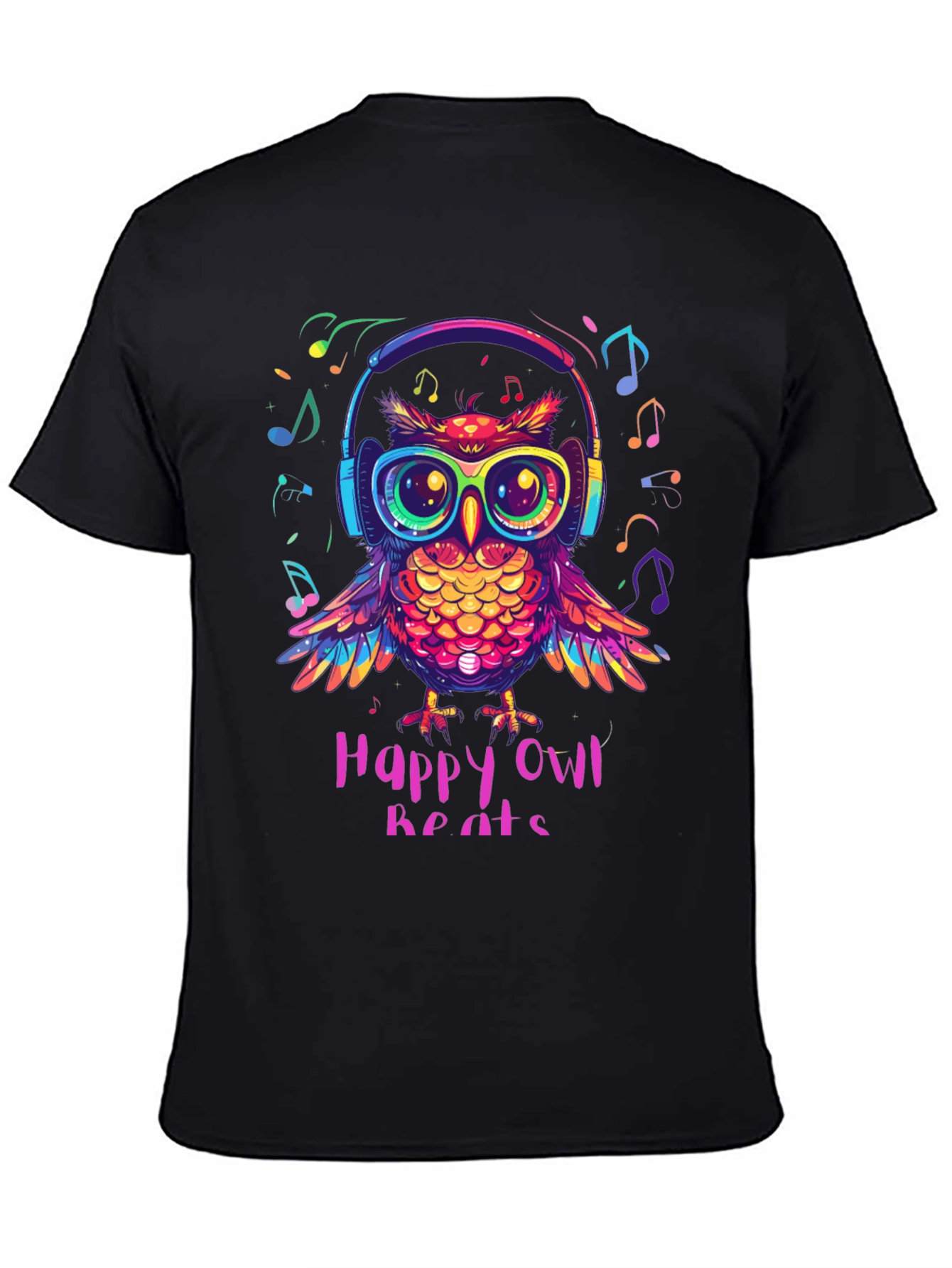 Black Happy Owl Beats T-Shirt - Colorful Music Lover Tee view 4