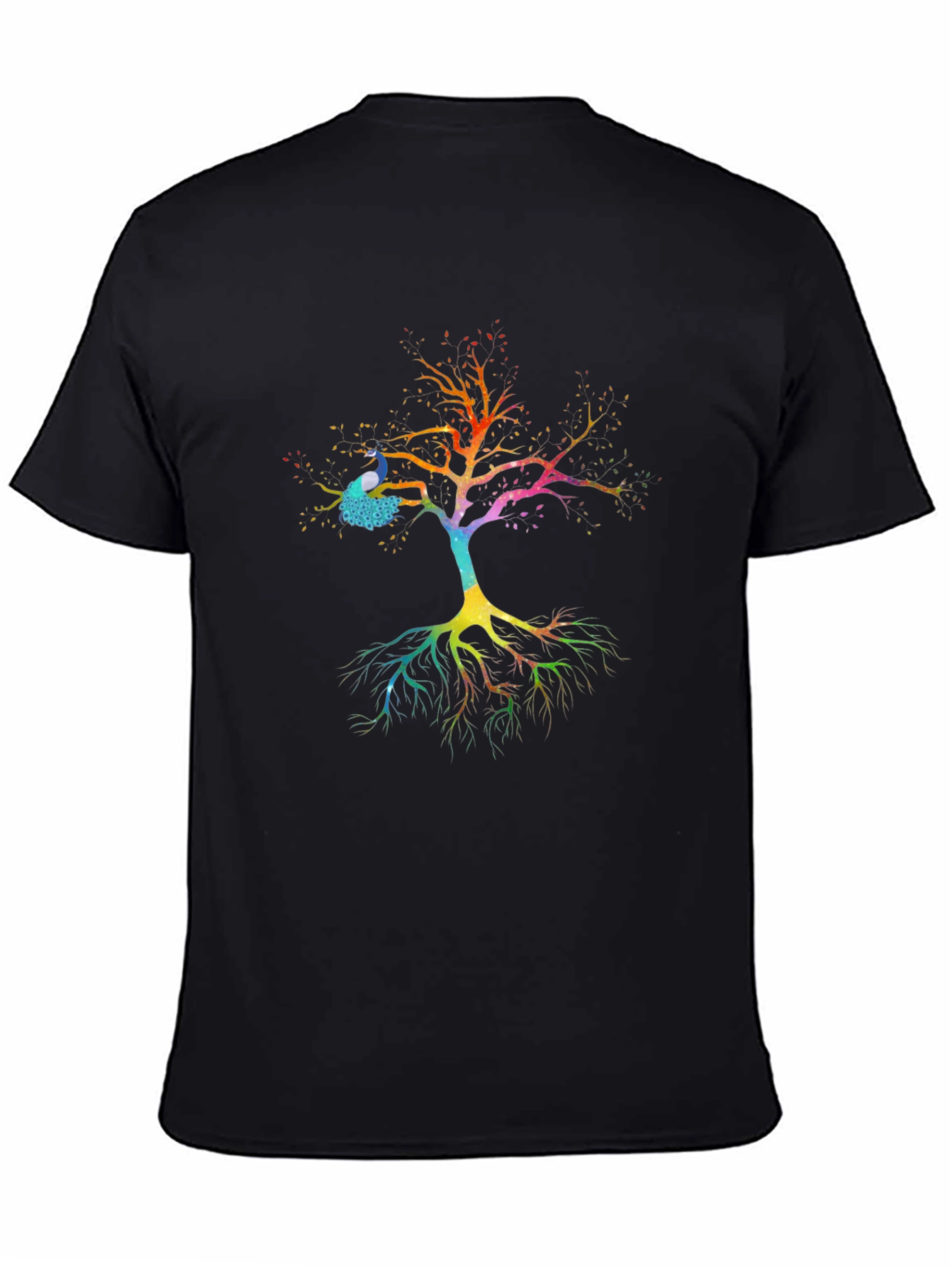 Black Rainbow Tree Peacock Graphic T-Shirt - Men's Black Tee view 4